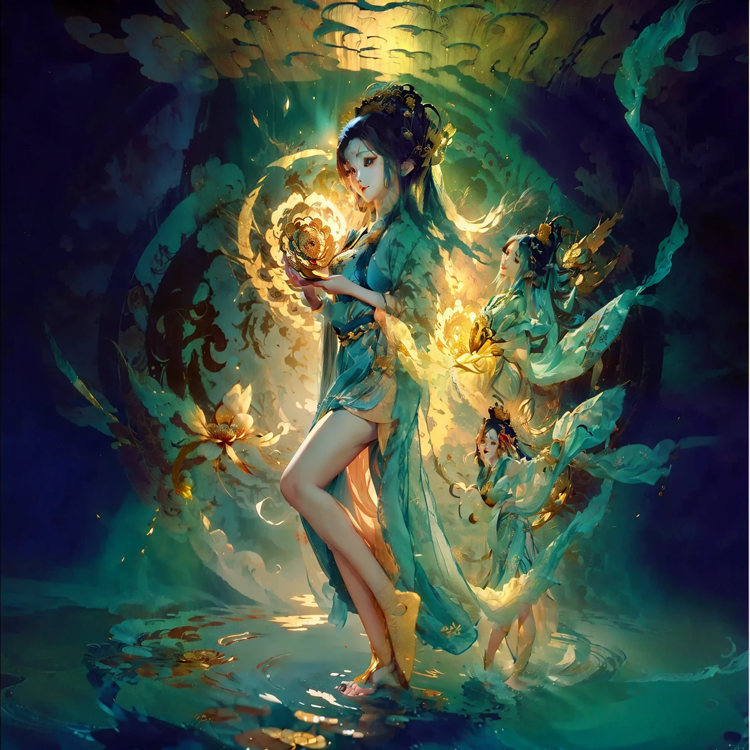 ((4k,masterpiece,best quality)), shuimobysim, Traditional chinese painting, lotuses, Hanfu, maxiskit, Dress conservatively 1girl, solo, blue long hair, ssmile, standing on your feet, Feet in the water, The barefoot,Cold weapons --auto