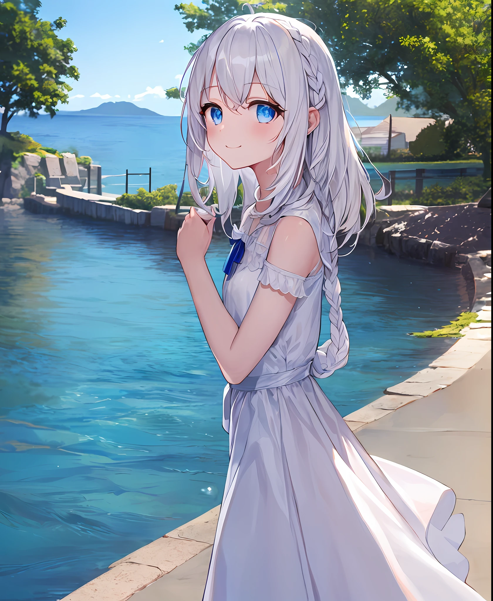 ((best quality, masterpiece)), white hair, blue eyes, 1 girl, little cut, braid, white dress, sea, road, hair ornament, ribbon on hair, blue sky, smile