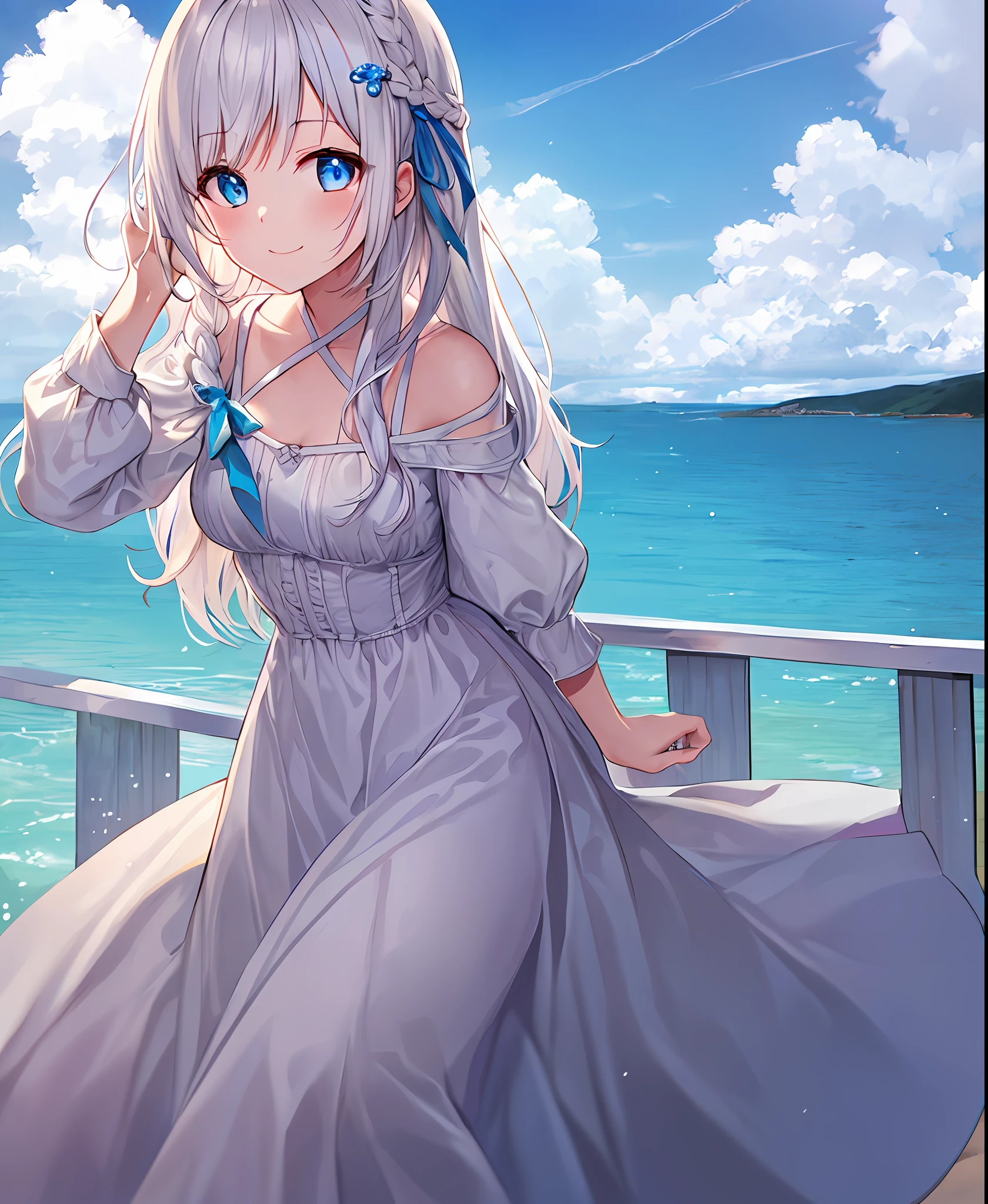 ((best quality, masterpiece)), white hair, blue eyes, 1 girl, little cut, braid, white dress, sea, road, hair ornament, ribbon on hair, blue sky, smile