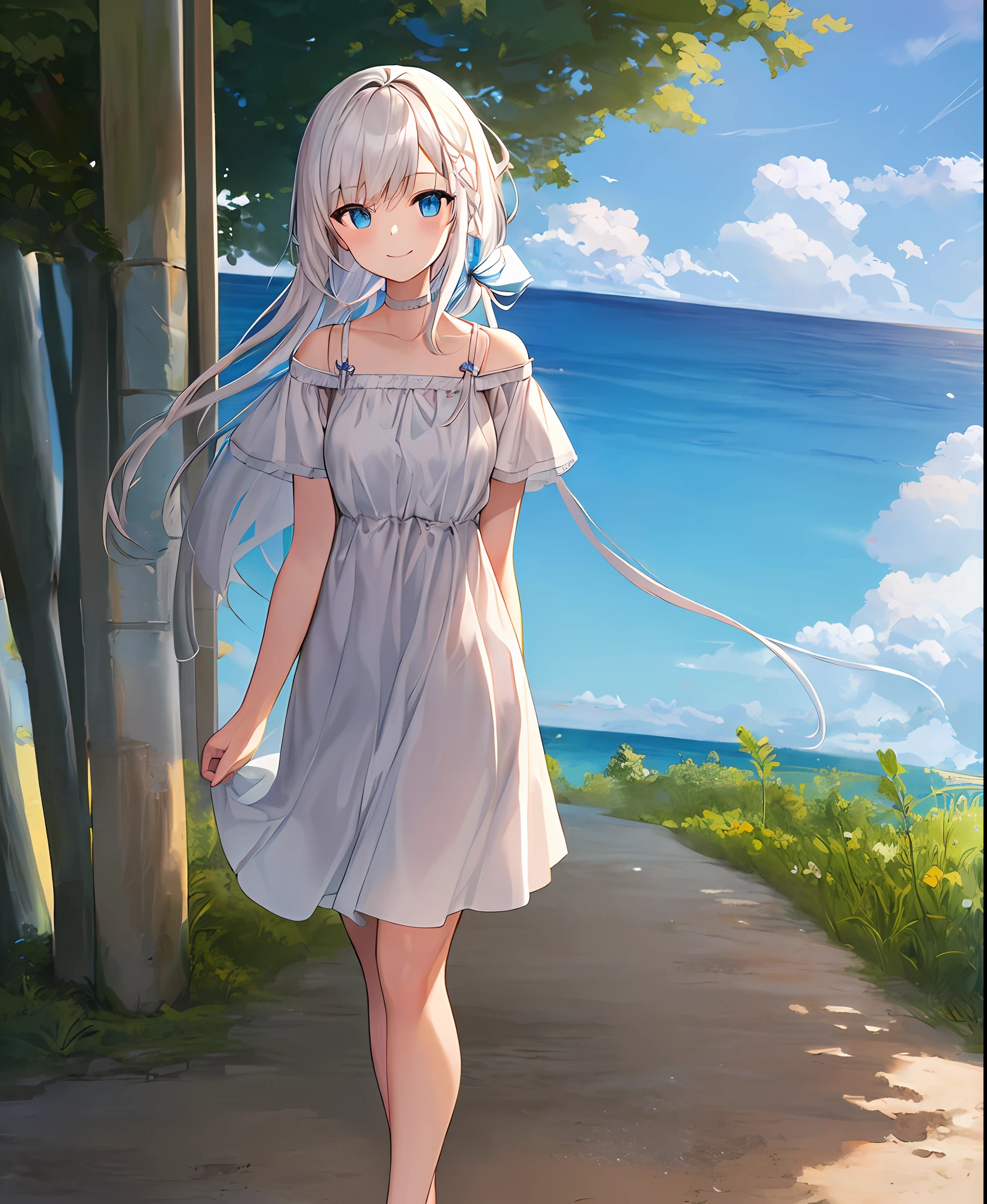 ((best quality, masterpiece)), white hair, blue eyes, 1 girl, little cut, braid, white dress, sea, road, hair ornament, ribbon on hair, blue sky, smile