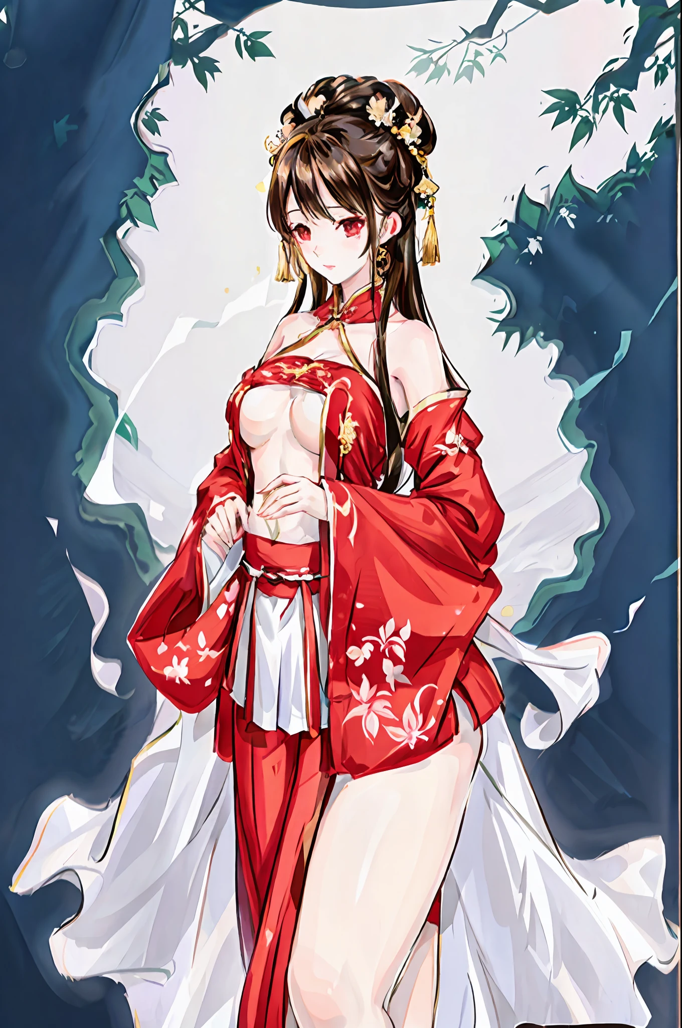 style of anime,Chinese style clothes,Separate the sleeves,Loose sleeves,No bra, breasts out,Bare with thighs,Bare shoulders,Bare abdomen,chest baring,Be red in the face,is shy,embarressed,female masturbatiion,perspired,Pornographic,See the skin, Love students through clothes,The reveal panties,Short panties,Superskirt,Obscene lines on the abdomen