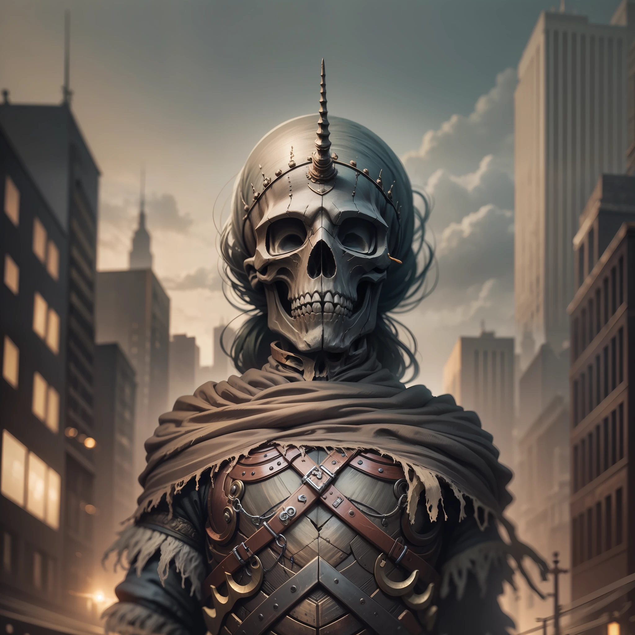skeleton head,Iron and steel,Dangling,Sci-fi city background,There is only one head