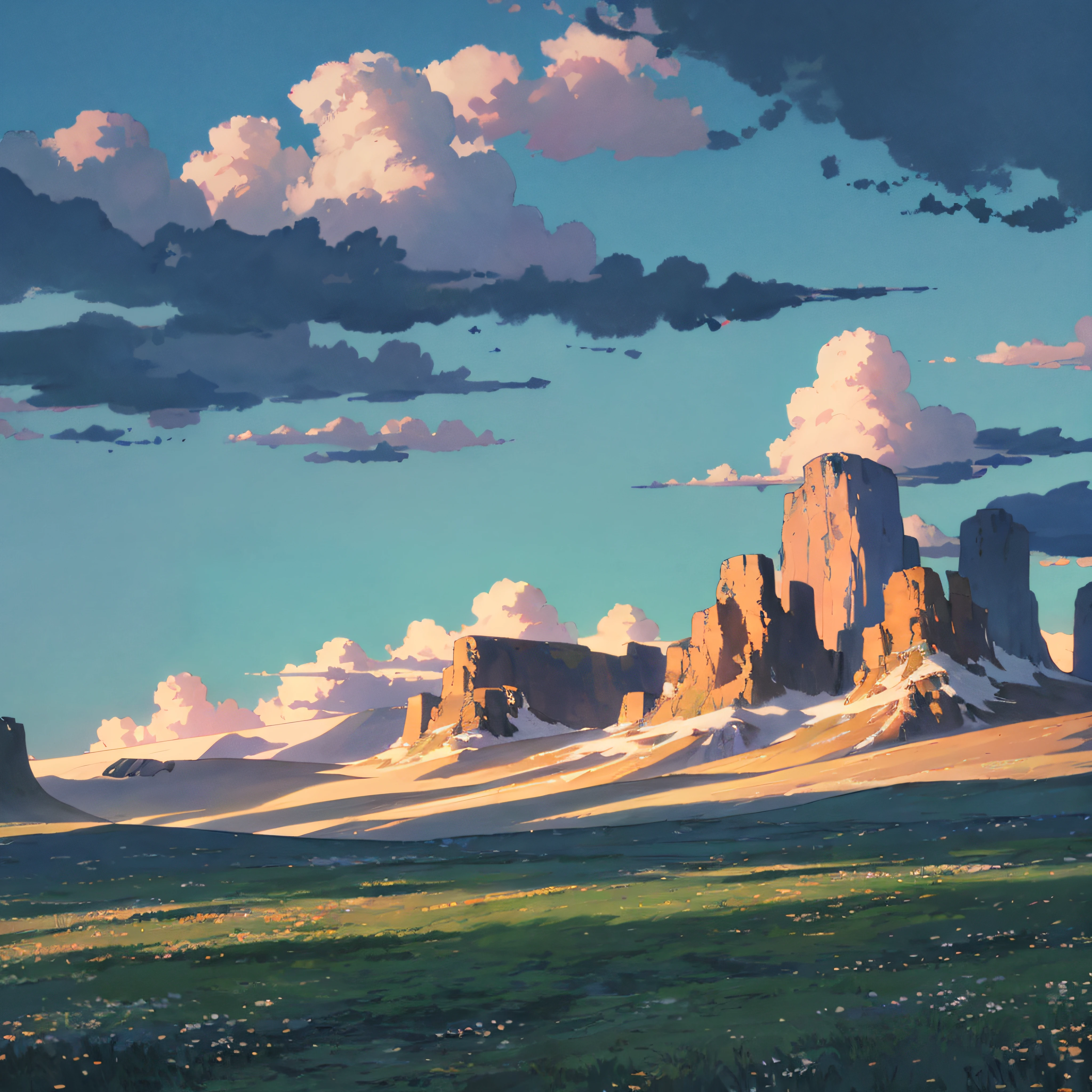 Large grasslands、Vast sky、the beautiful skyline、Dramatic graphics、Moving visuals、North Star hanging high、There is colorful natural light。