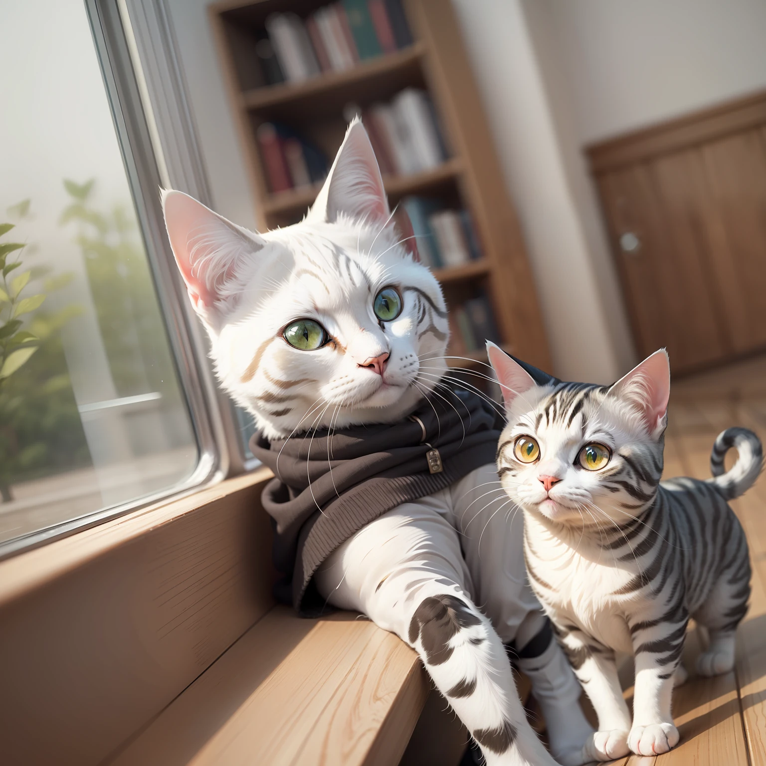 high qulity,high detal,Real cats,Green eyes,The face is round, White ( cat ) Girl, elegant cat, silver eyes full body, White hairs, beautiful cat, gleaming silver, White cat, very attractive and beautiful, scottish fold, Cute cat, beautiful female white, exotic shorthair cat,White cat,short hairs,The eyes have God,adolable,prette,The coat color is shiny,anthro cat,intellectual cat,Wear clothes,casually dressed,Fully dressed,Read a book at the café table,First perspective,Half view,Background bokeh,