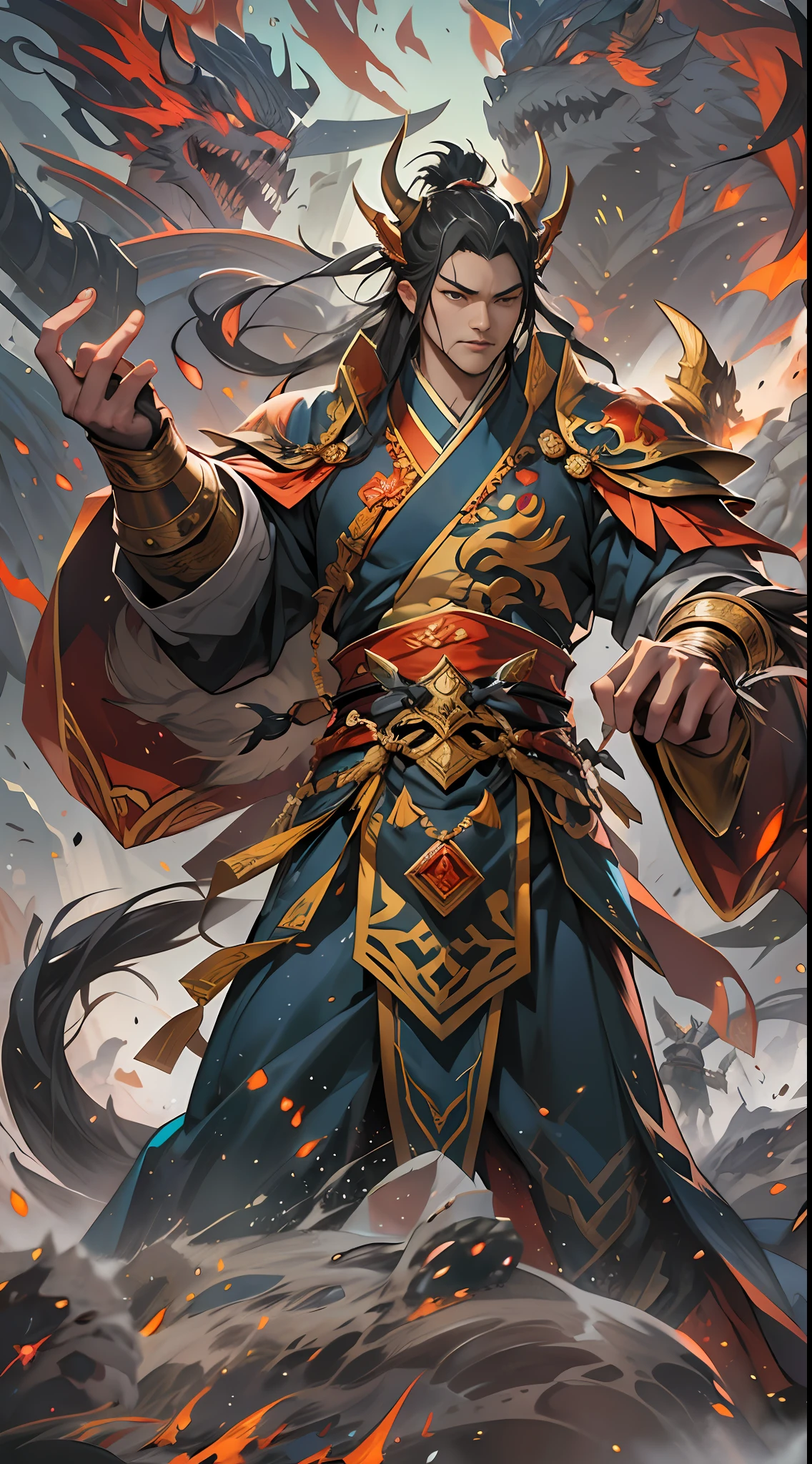 Li Gu exudes an aura of victory, having successfully defeated the invaders. However, there is still a significant gap in strength between them and Li Gu, and the Divine Beast Alliance and the Demon God Alliance have no intention of letting them go, , 32k, best quality, masterpiece, super detail, high details,