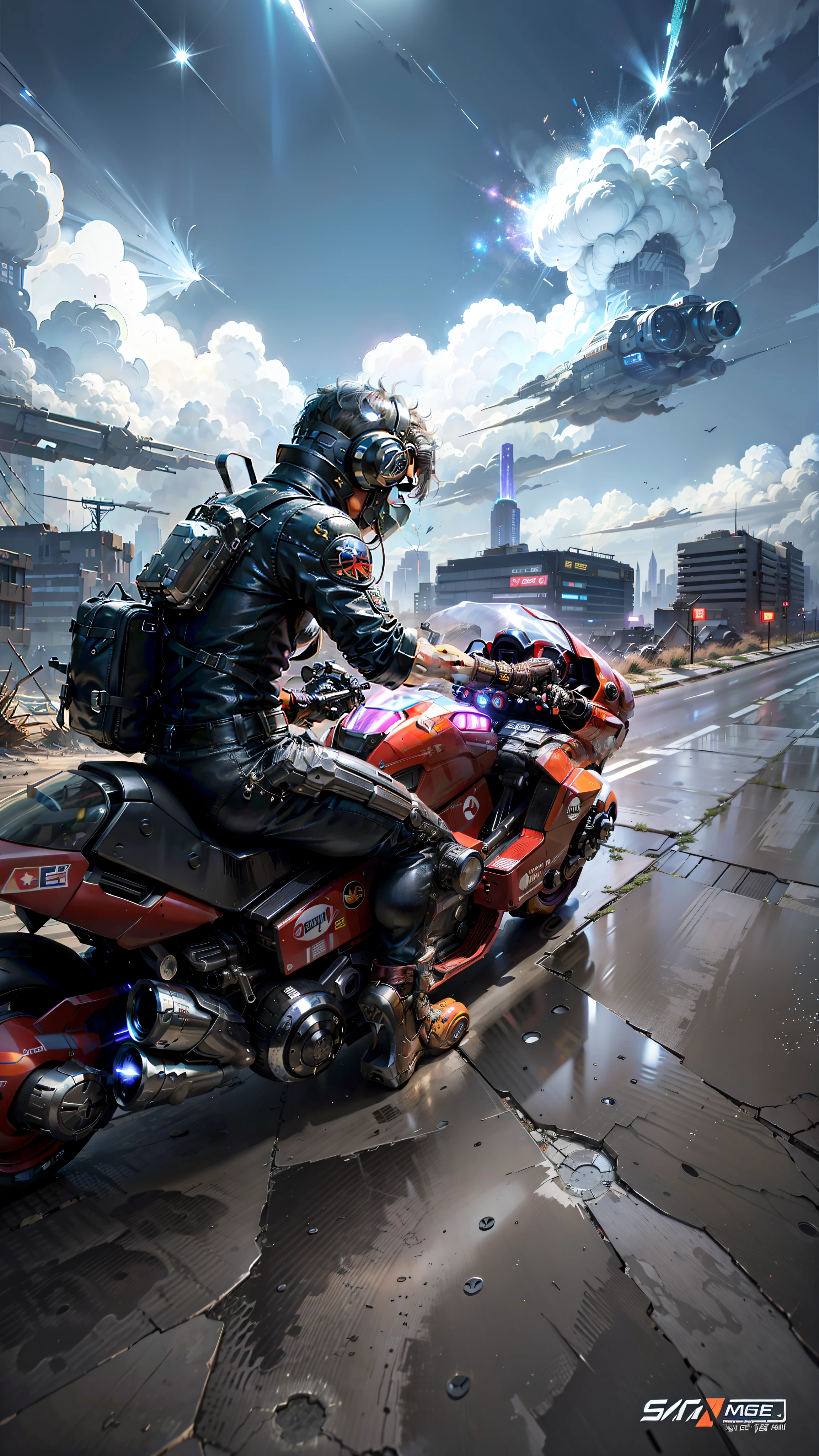 Man on a motorcycle, masterpiece, best quality, man, (muscle), (racing suit), (riding a futuristic motorcycle in the ruins of a cyberpunk city after a thermonuclear war), buildings hung with broken neon signs, neon signs), (round sci-fi metal cuirass glittering), lots of bare broken cables, colorful glare and smoke, sci-fi scenes, sci-fi galactic space