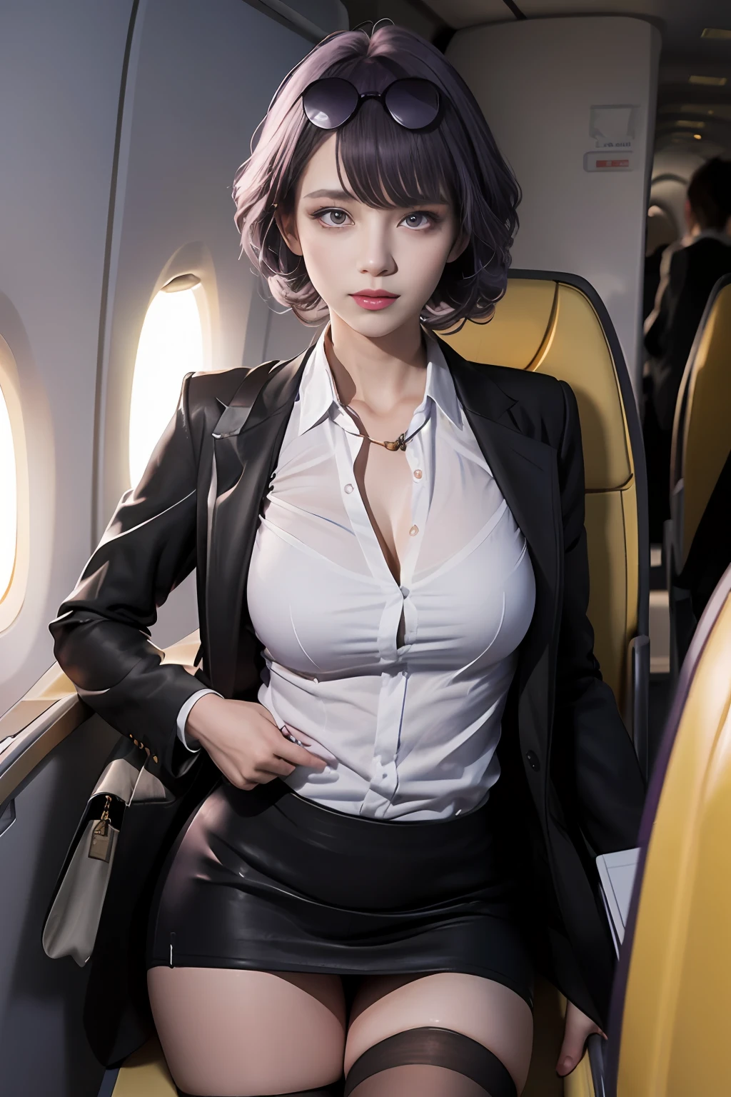 (Best quality: 1.1), (Realistic: 1.1), (Photography: 1.1), (highly details: 1.1), (1womanl), Airline flight attendant,coat,white Shirt,Short skirt,black lence stockings,bent down,In the plane,Kafka,HKS,Purple eyes, Purple hair, eyewear on head, sunglasses,