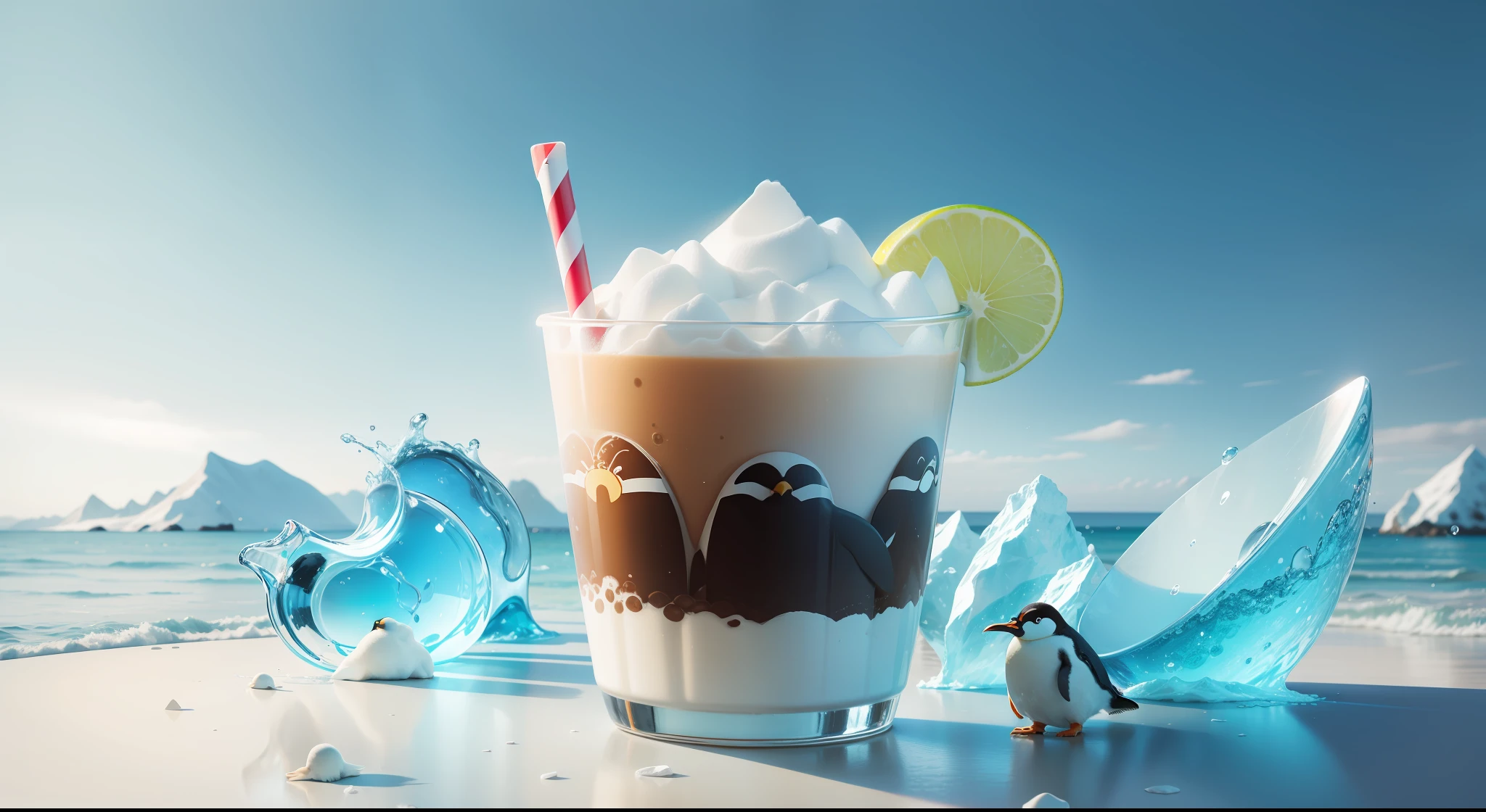 There are penguins next to the cup,Look at the milk tea cup