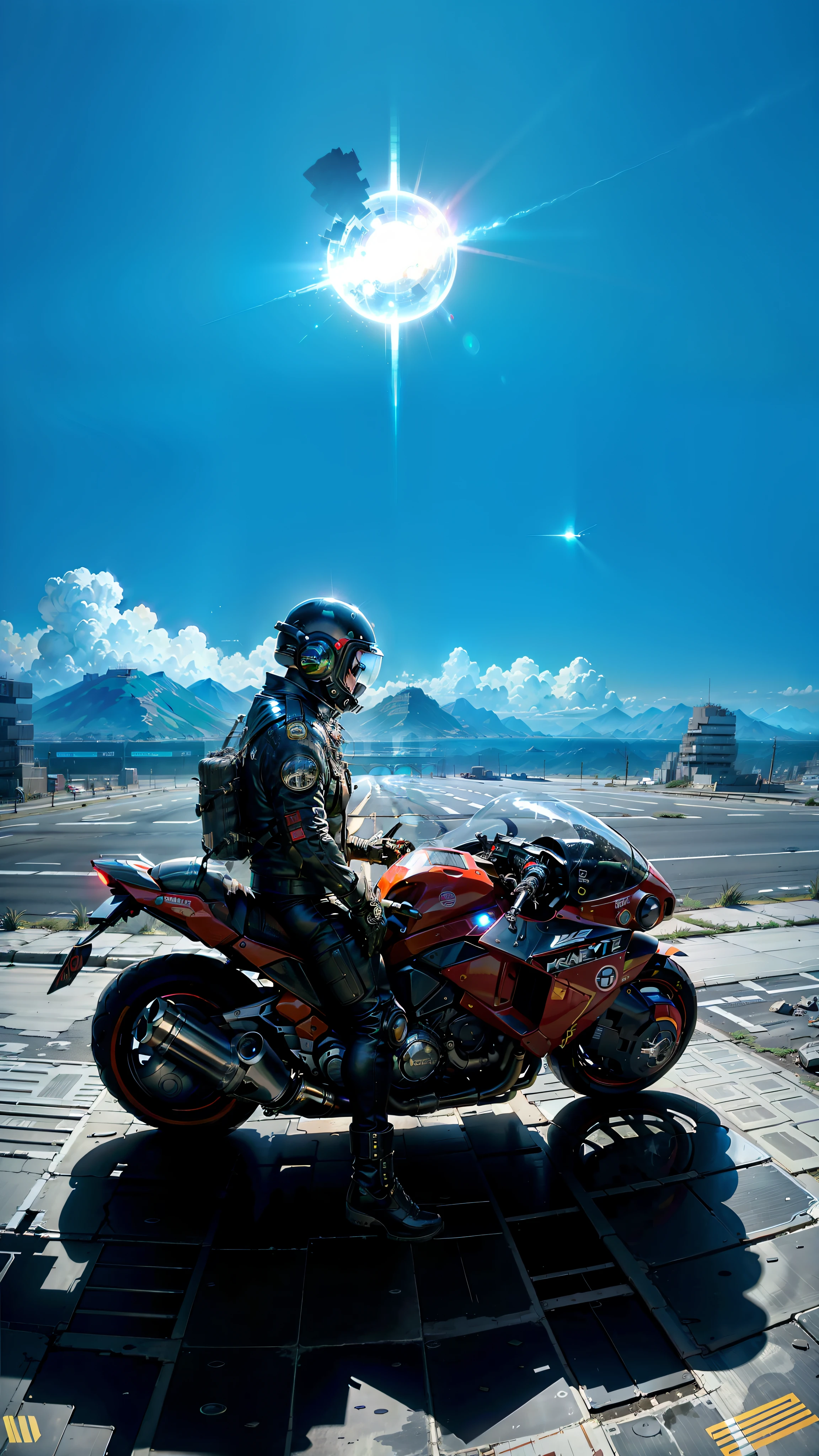 Man on a motorcycle, masterpiece, best quality, man, (muscle), (racing suit), (riding a futuristic motorcycle in the ruins of a cyberpunk city after a thermonuclear war), buildings hung with broken neon signs, neon signs), (round sci-fi metal cuirass glittering), lots of bare broken cables, colorful glare and smoke, sci-fi scenes, sci-fi galactic space