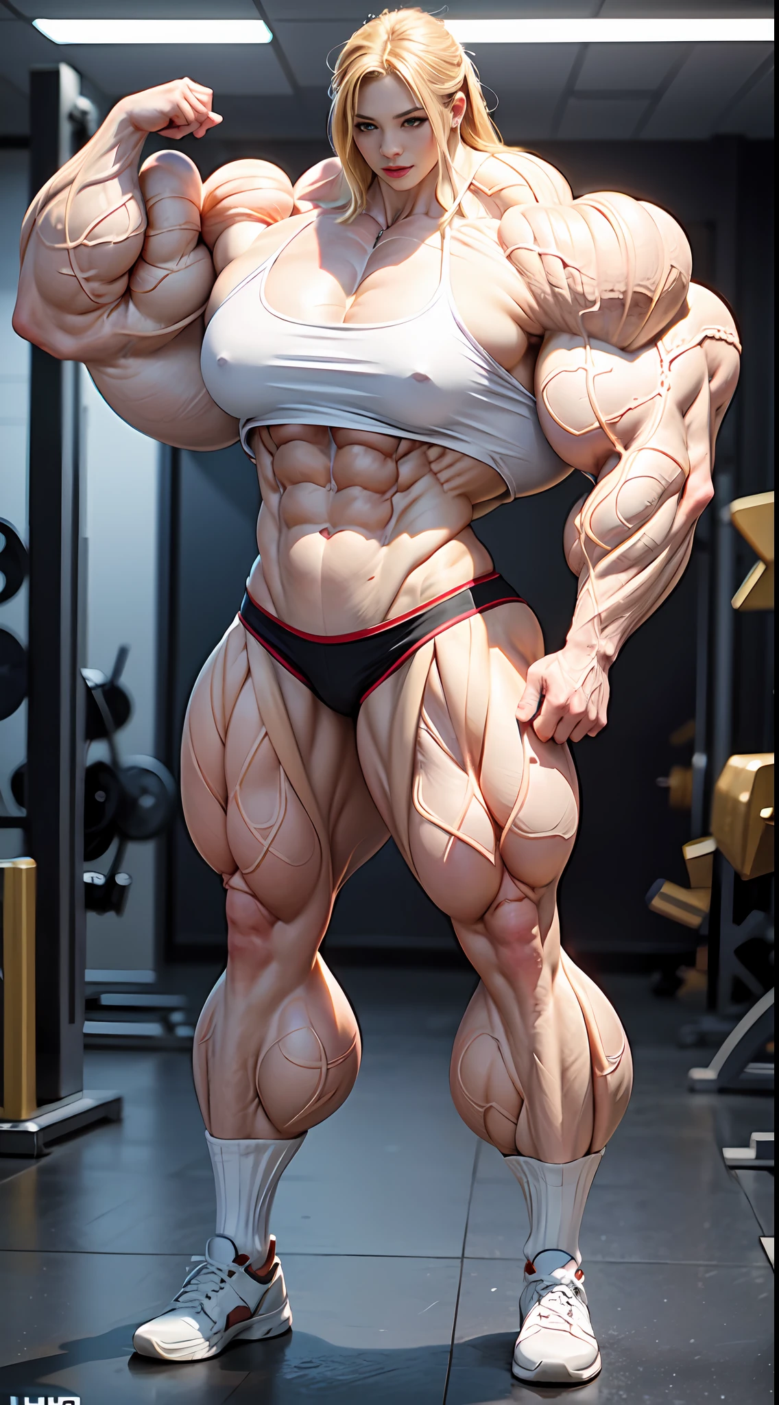 ultra photorealistic image of a bodybuilder wearing a skin tight thong, (perfect anatomy:1.5), (super muscular professional bodybuilder:1.5), (full body pose:1.5), (huge muscular arms:1.5), perfect model face, beautiful gorgeous smile, (super muscular physique:1.5), (muscular female bodybuilder:1.5), (huge muscular arms:1.5), (Larger biceps:1.75), large forearms, (((narrow hips))), veins everywhere, thin thighs, (thinner legs), (larger upper body:1.5), (small pecs), muscular chest, small waist, (perfect fingers:1.2), (full body pose), (UHD 8k:1.5), solo female, realistic image, high detail, photo quality, beautiful girl, best quality, ultra-detailed, masterpiece, finely detail, style of stefan kostic, realistic skin texture, 85 mm art lens, f 1.2, sharp focus, 8 k high definition, insanely detailed, intricate, elegant, art by stanley lau and artgerm