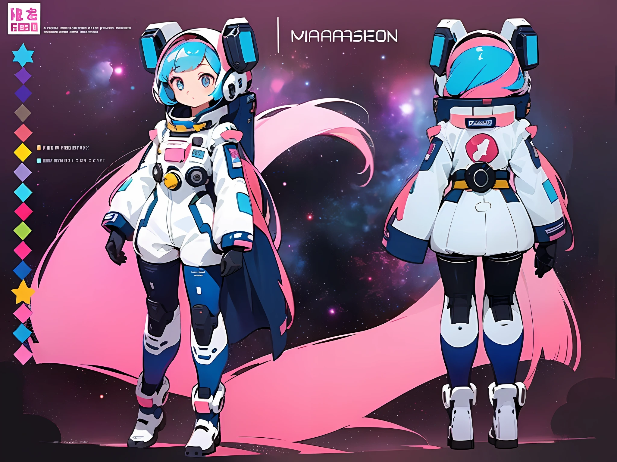 ((masterpiece)), (((best quality))), (character design sheet, same character full body, front, side, back), Illustration, 1 girl, pink long hair, bangs, eyes, environment change, pose kota, female, decorted colorful space suits, stars, charturnbetalora, (simple background, white background: 1.3) ,--6