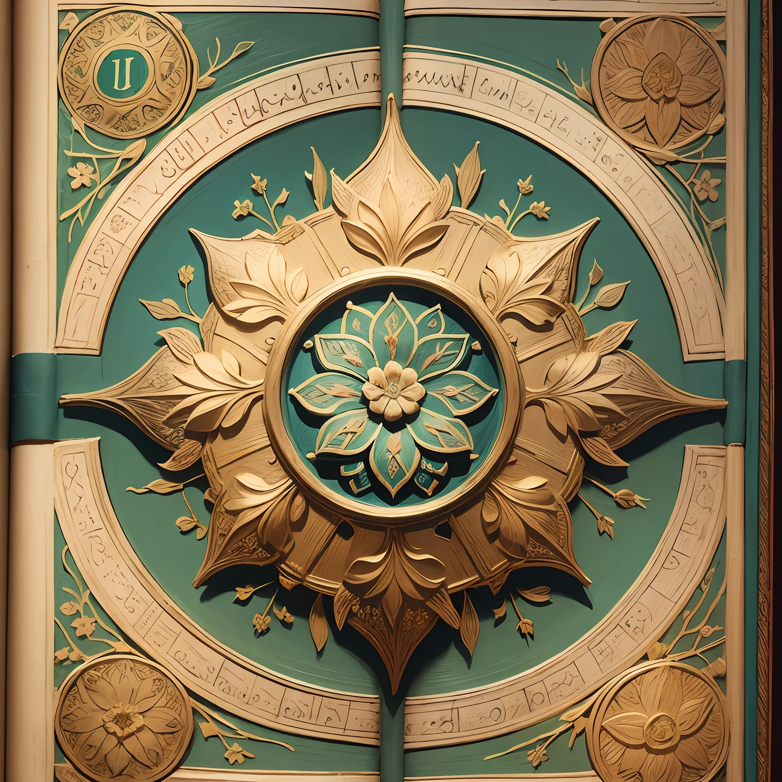 Detailed illustration of a medieval manuscript page with flower illustration, texto intrincado, detalhes excepcionalmente altos, aerial view from above, centrado, sem pessoas, Nobodies --auto