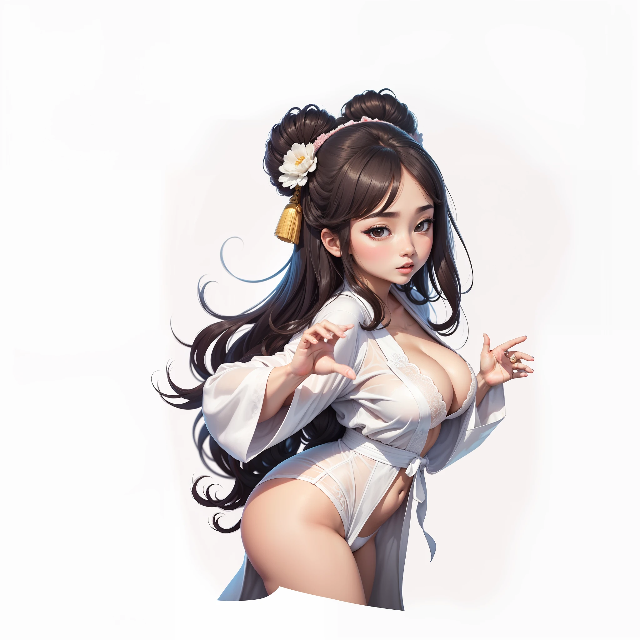 tmasterpiece, Best quality at best, 1girll, 独奏, Han dynasty bathrobes, Large breasts, (white under lingerie, white thighhig:1.2), spread spreading ass, hands on own ass