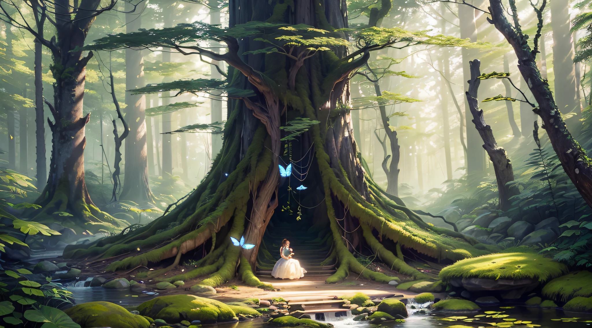 A breathtaking forest scene with tall trees reaching for the sky, sunlight filtering through the leaves, casting a golden glow on the forest floor. Small streams trickle through the moss-covered rocks, creating a serene ambiance. Delicate branches adorned with vibrant flowers and leaves add a touch of color to the scene. Fireflies dance in the air, their gentle glow illuminating the surroundings. The air is filled with a soft melody as butterflies flutter among the blossoms. Capture this enchanting moment in an intricate, high-quality illustration, with attention to the finest details and realistic shadows. Isometric 3D rendering using Octane Render and Ray Tracing will bring this magical forest to life
