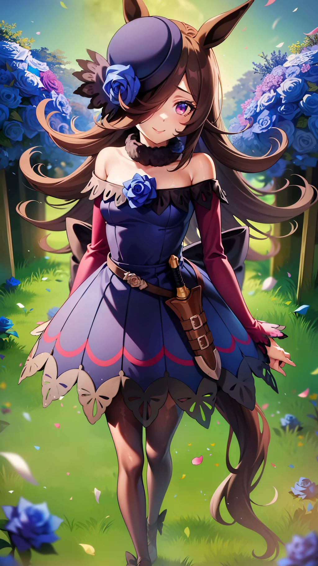 a woman in an anime style dress is standing in some flowers in the grass, 1girl, rice shower (umamusume), solo, flower, long hair, horse ears, blue flower, animal ears, blue rose, hair over one eye, outdoors, rose, dress, purple eyes, hat flower, off-shoulder dress, pantyhose, hat, horse girl, off shoulder, looking at viewer, smile, brown hair, bare shoulders, tree, tilted headwear, breasts