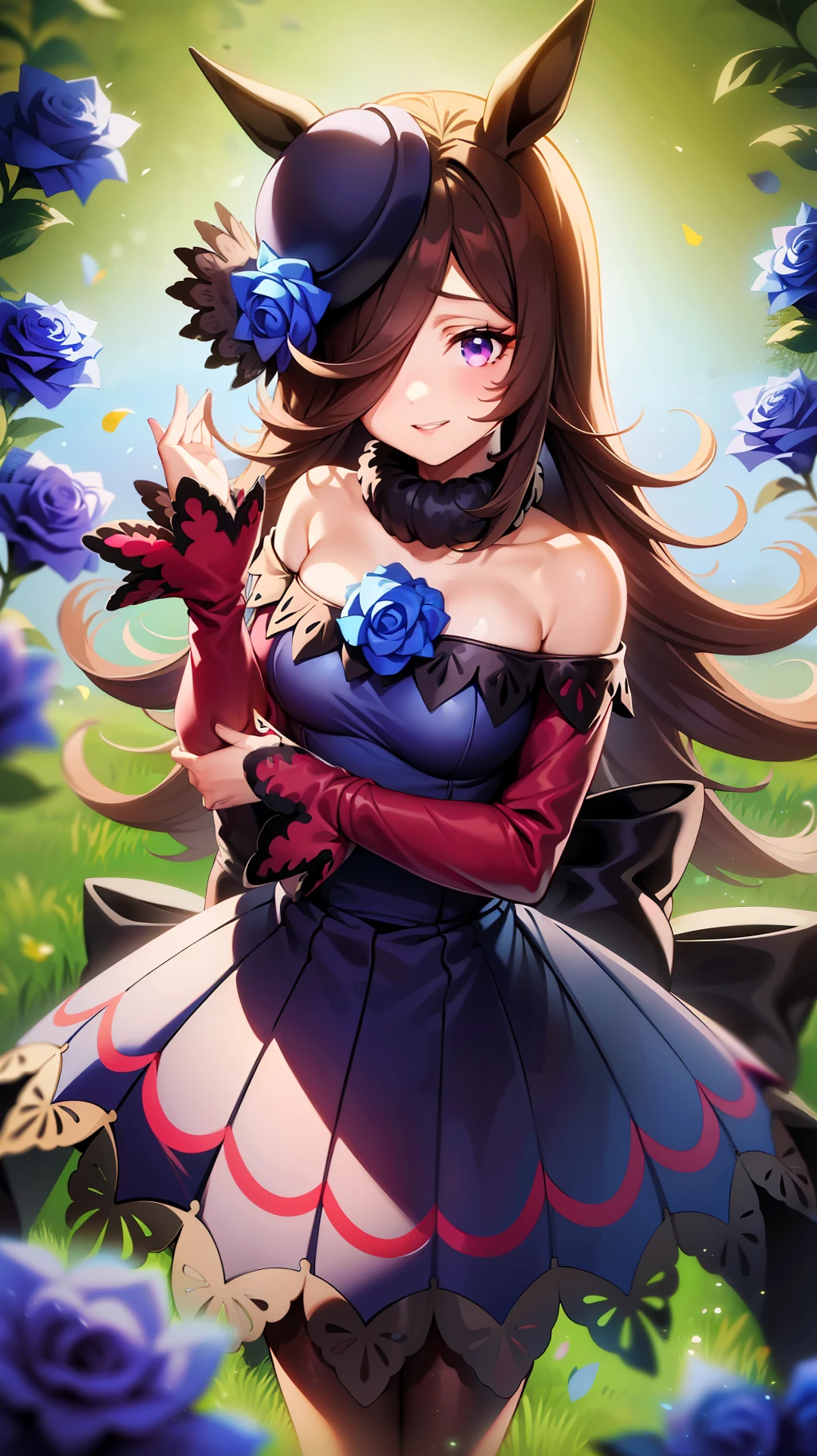 a woman in an anime style dress is standing in some flowers in the grass, 1girl, rice shower (umamusume), solo, flower, long hair, horse ears, blue flower, animal ears, blue rose, hair over one eye, outdoors, rose, dress, purple eyes, hat flower, off-shoulder dress, pantyhose, hat, horse girl, off shoulder, looking at viewer, smile, brown hair, bare shoulders, tree, tilted headwear, breasts