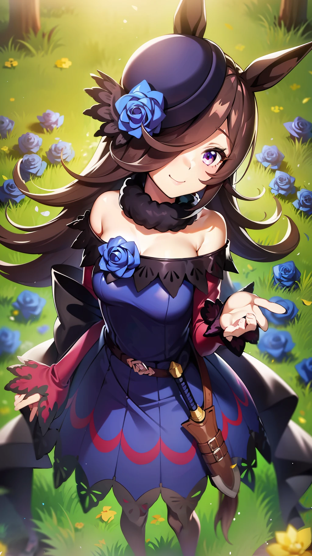 a woman in an anime style dress is standing in some flowers in the grass, 1girl, rice shower (umamusume), solo, flower, long hair, horse ears, blue flower, animal ears, blue rose, hair over one eye, outdoors, rose, dress, purple eyes, hat flower, off-shoulder dress, pantyhose, hat, horse girl, off shoulder, looking at viewer, smile, brown hair, bare shoulders, tree, tilted headwear, breasts