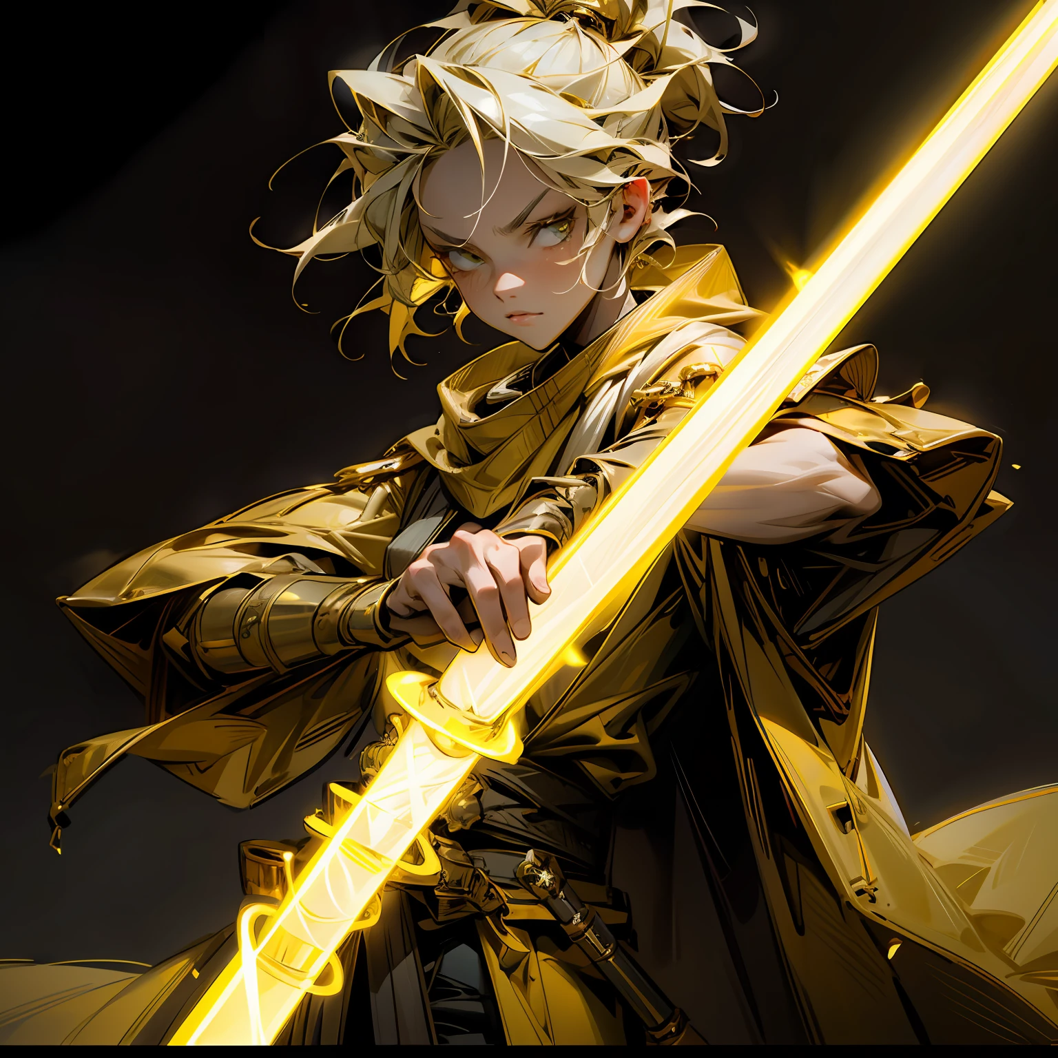 epic jedi majestic wearing gold color yellow light saber --auto