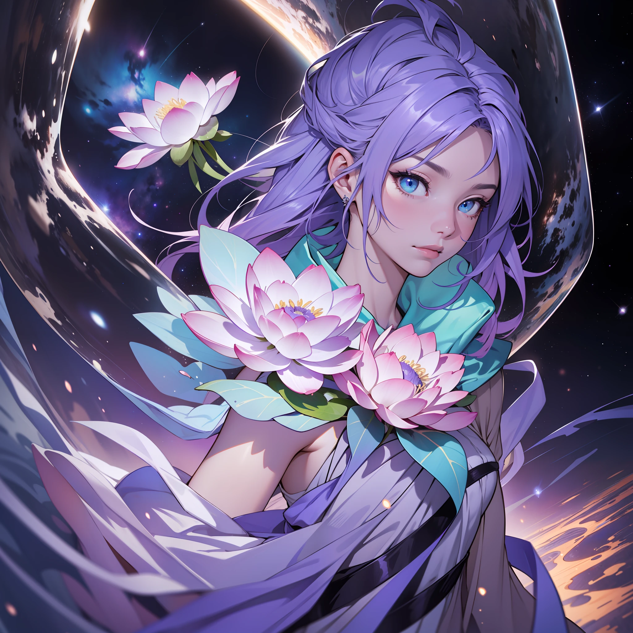 One guy，Drift in space，Wear transparent foam clothes，Holding a frozen lotus flower in his hand:，Broad background
Floating in space，Freedom of perspective，The shooting angle is very dynamic，Full of unknowns:1.2。Violet is the theme point，Need to maintain high definition（Ultra-detailed），Color needs to strike a balance between warm and cold:1.3，Violets need to be cold（Blue highlighted）。The characters are small，Should be the subject of the picture，But it lives up to its name，It is better to show nobility:1.2，Preferably blue eyes，Highlight the mysterious temperament，and priority :1.4。Foam clothes need to depict a sense of transparency:1.2，and soft texture:0.8。The space and galaxies outside the window should take up most of the picture，There may be a small number of near-nebulae in the foreground，Figures and purple are ornaments with high color saturation。