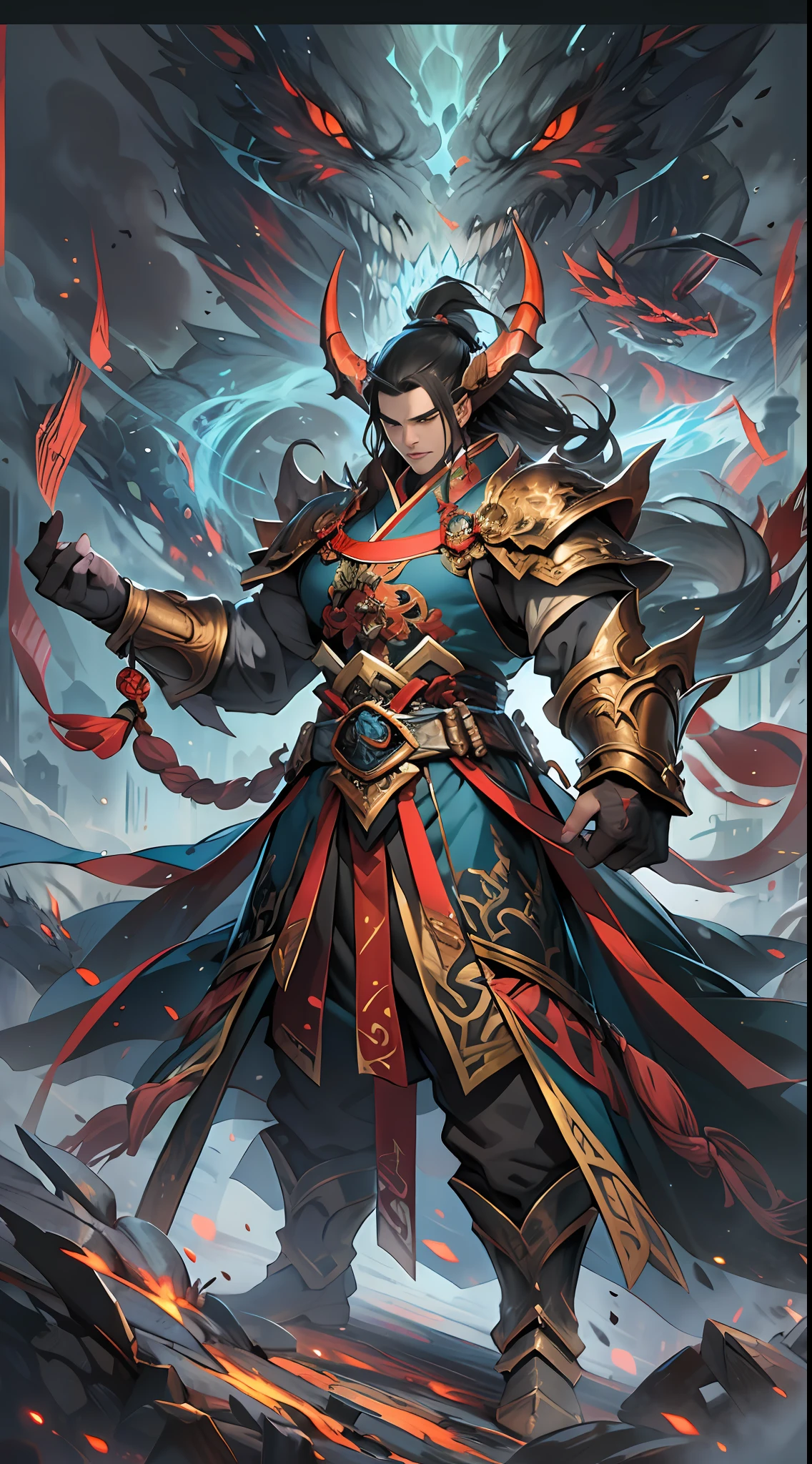 Li Gu exudes an aura of victory, having successfully defeated the invaders. However, there is still a significant gap in strength between them and Li Gu, and the Divine Beast Alliance and the Demon God Alliance have no intention of letting them go, , 32k, best quality, masterpiece, super detail, high details,