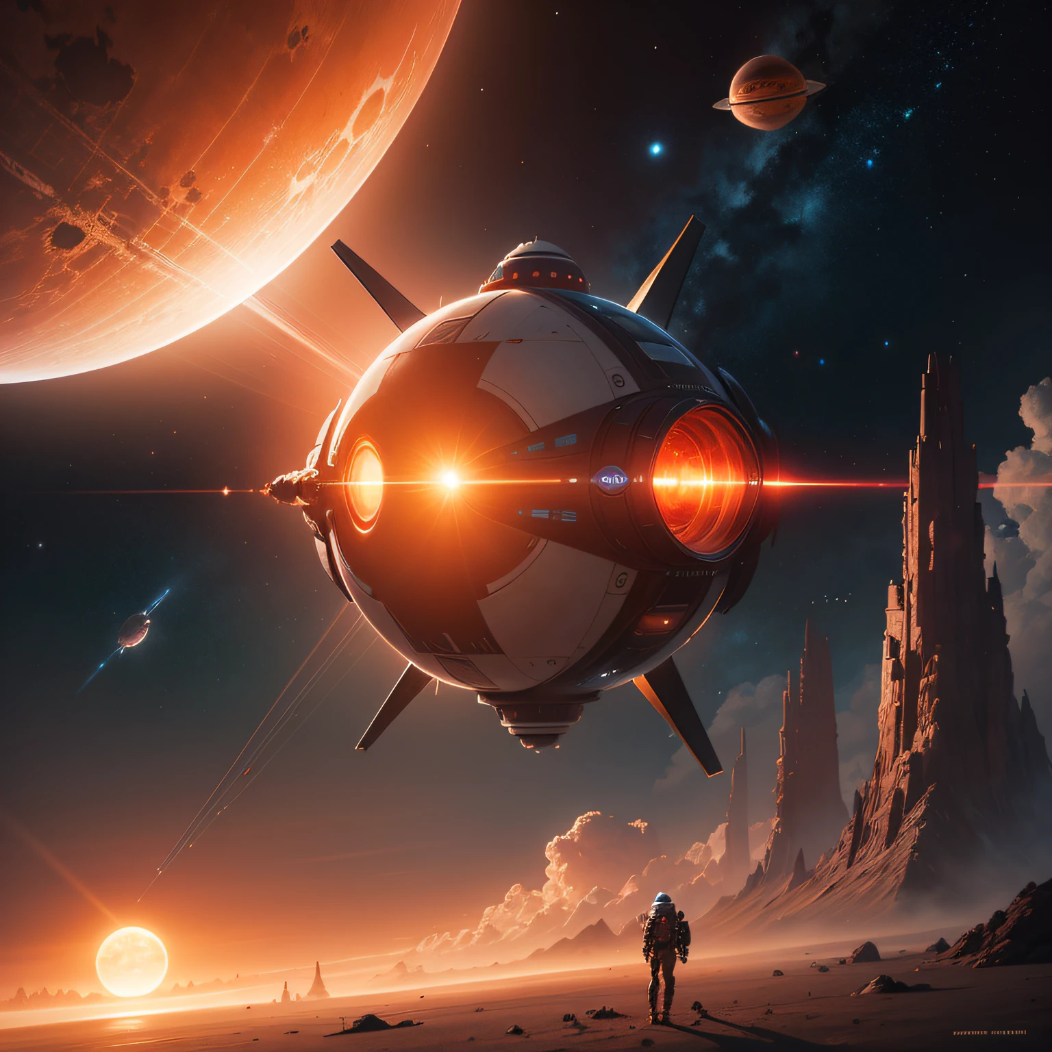The spacecraft flies in front of a planet with a red sun as its background, concept art by Ludwik Konarzewski Jr, cgsociety contest winner, Space art, sci - fi spaceship in combat, scifi spaceship, epic beautiful space scifi, award winning scifi art, sci-fi space game art, Beautiful sci-fi art, space opera and dystopian style --auto