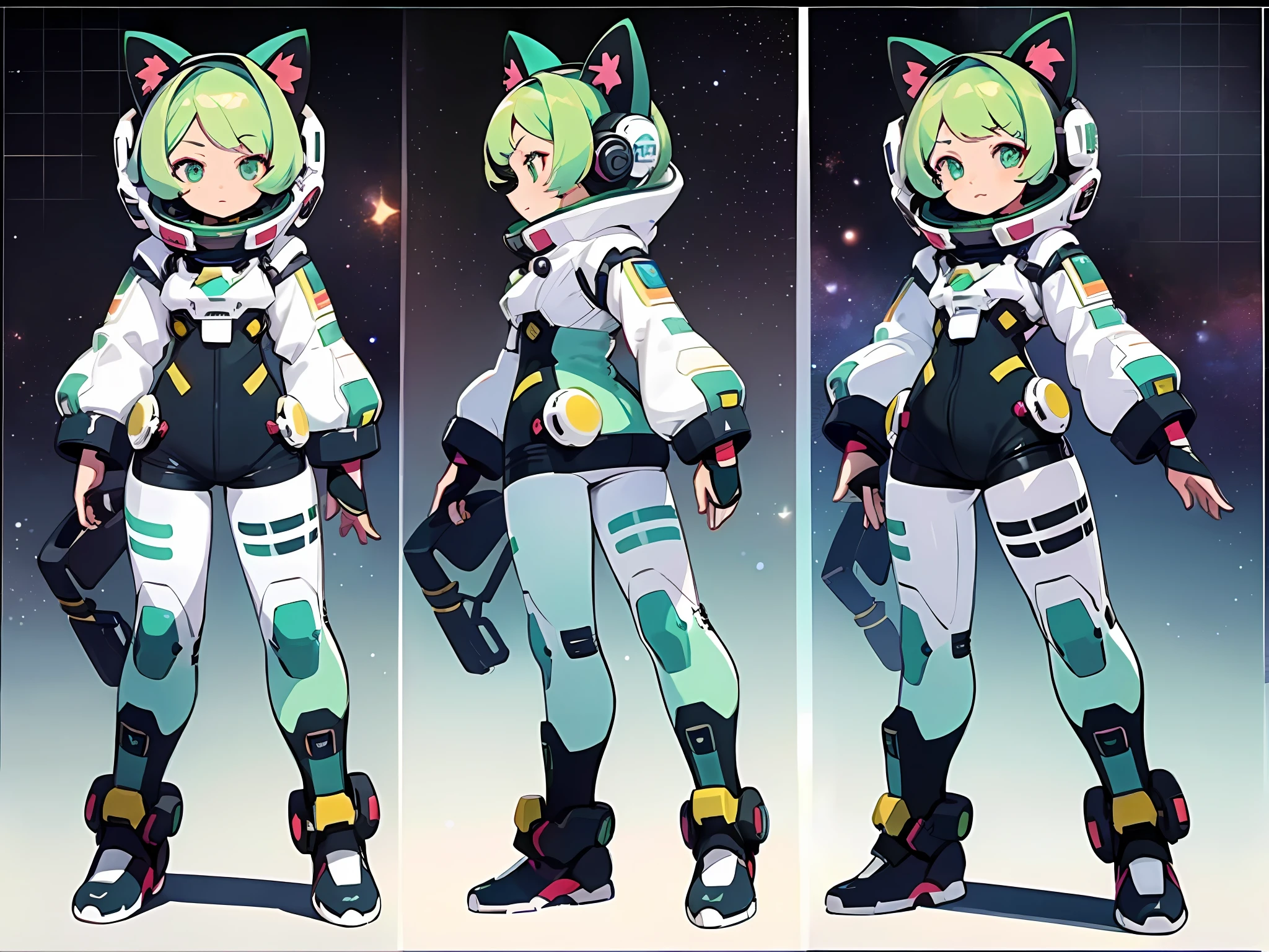 ((masterpiece)), (((best quality))), (character design sheet, same character full body, front, side, back), Illustration, 1 girl, cat ear style headphone, green hair color, bangs, eyes, environment change, pose kota, female, decorted colorful space suits, stars, charturnbetalora, (simple background, white background: 1.3) ,--6