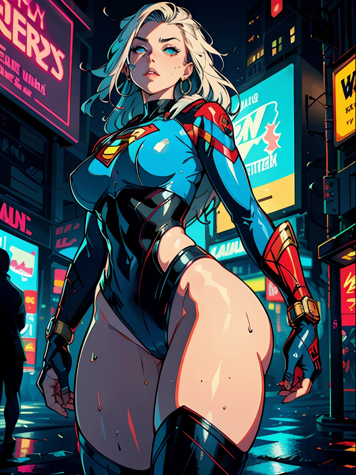 a digital painting of supergirl merging with venom, long hair, cyberpunk art by Josan Gonzalez, winner of the behance contest, afrofuturism, synthwave, neon, shiny neon, thick thighs, thin waist, sensual, nsfw, little clothing, erotic art, anime, torn battle clothes, extremely sexualized, sweaty body, NSFW, big breasts, big ass, HD, 8k, High quality, details, perfect body, Highlight the body, detail on the perfect face, detail in the background