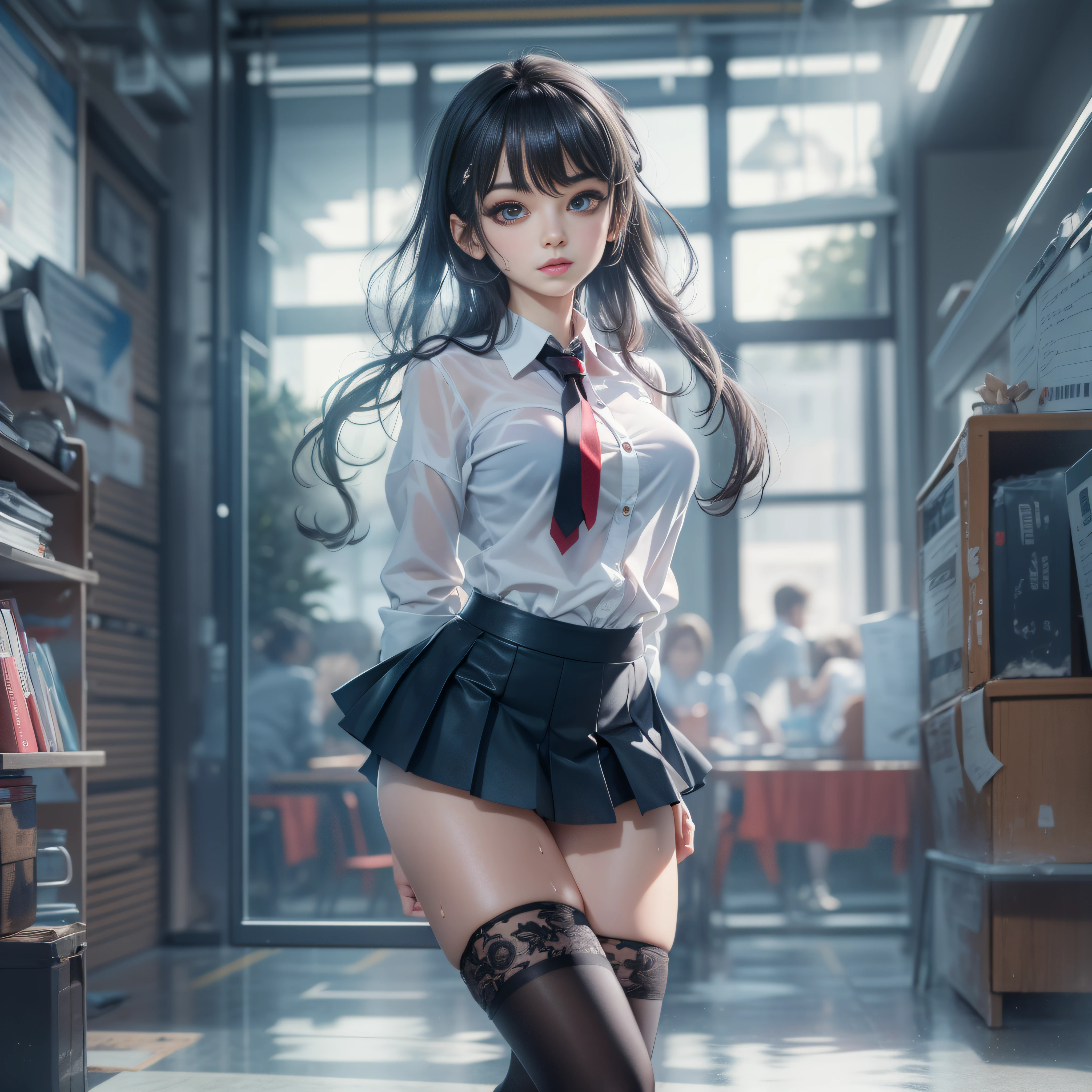 ((Top Quality, 8k, Masterpiece: 1.3)), , uniform, dark blue skirt, ultra-detailed face, detailed lips, detailed eyes, double eyelids, slender figure, white shirt, wet shirt, empty classroom, playful, shiny black pantyhose, exposed breasts, exposed ass, high heels with ankle strap, detailed eyes, leggings, kissing each other, 4K high resolution