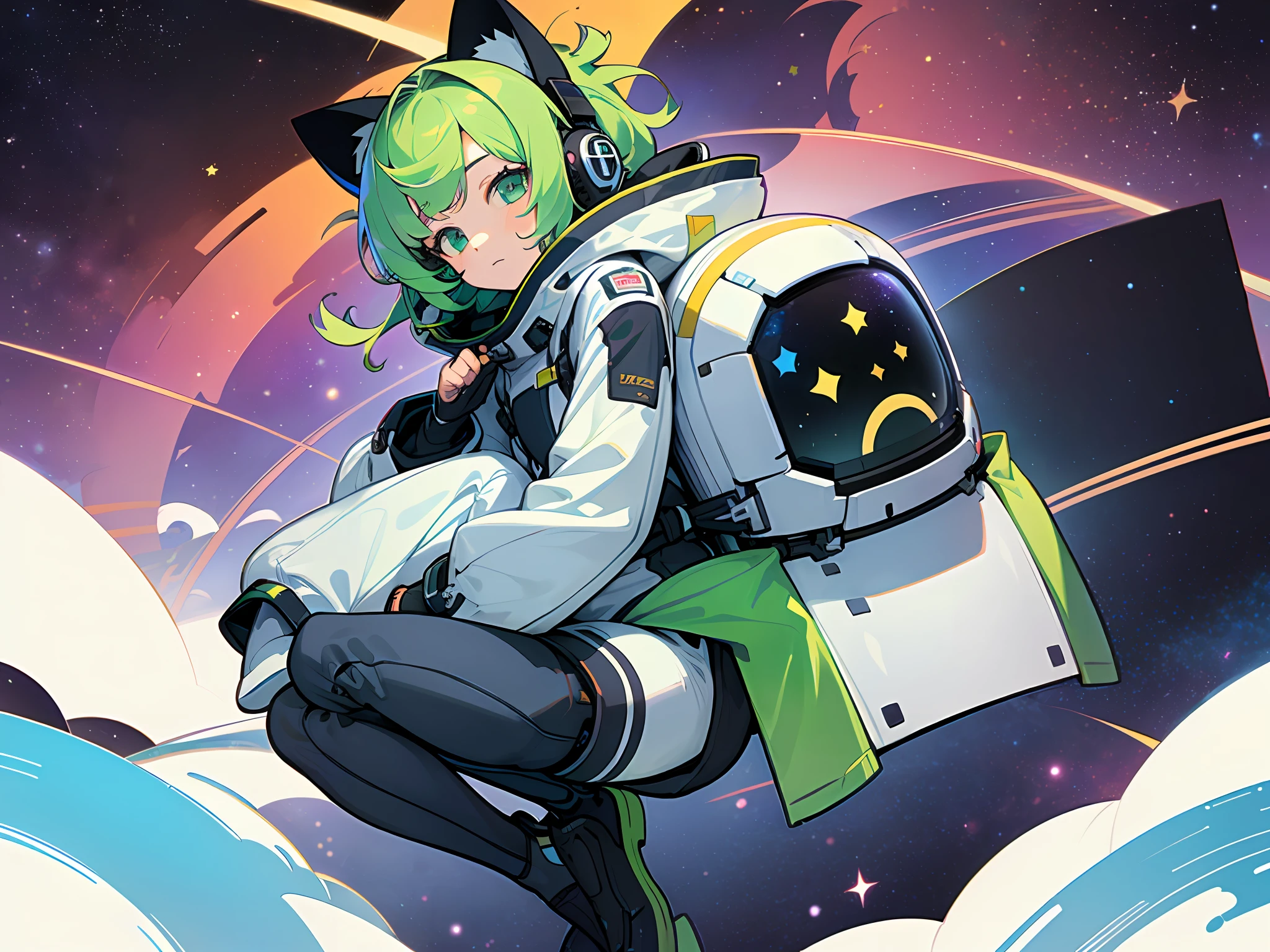 ((masterpiece)), (((best quality))), (character design sheet, same character full body, front, side, back), Illustration, 1 girl, cat ear style headphone, green hair color, bangs, eyes, environment change, pose kota, female, decorted colorful space suits, stars, charturnbetalora, (simple background, white background: 1.3) ,--6