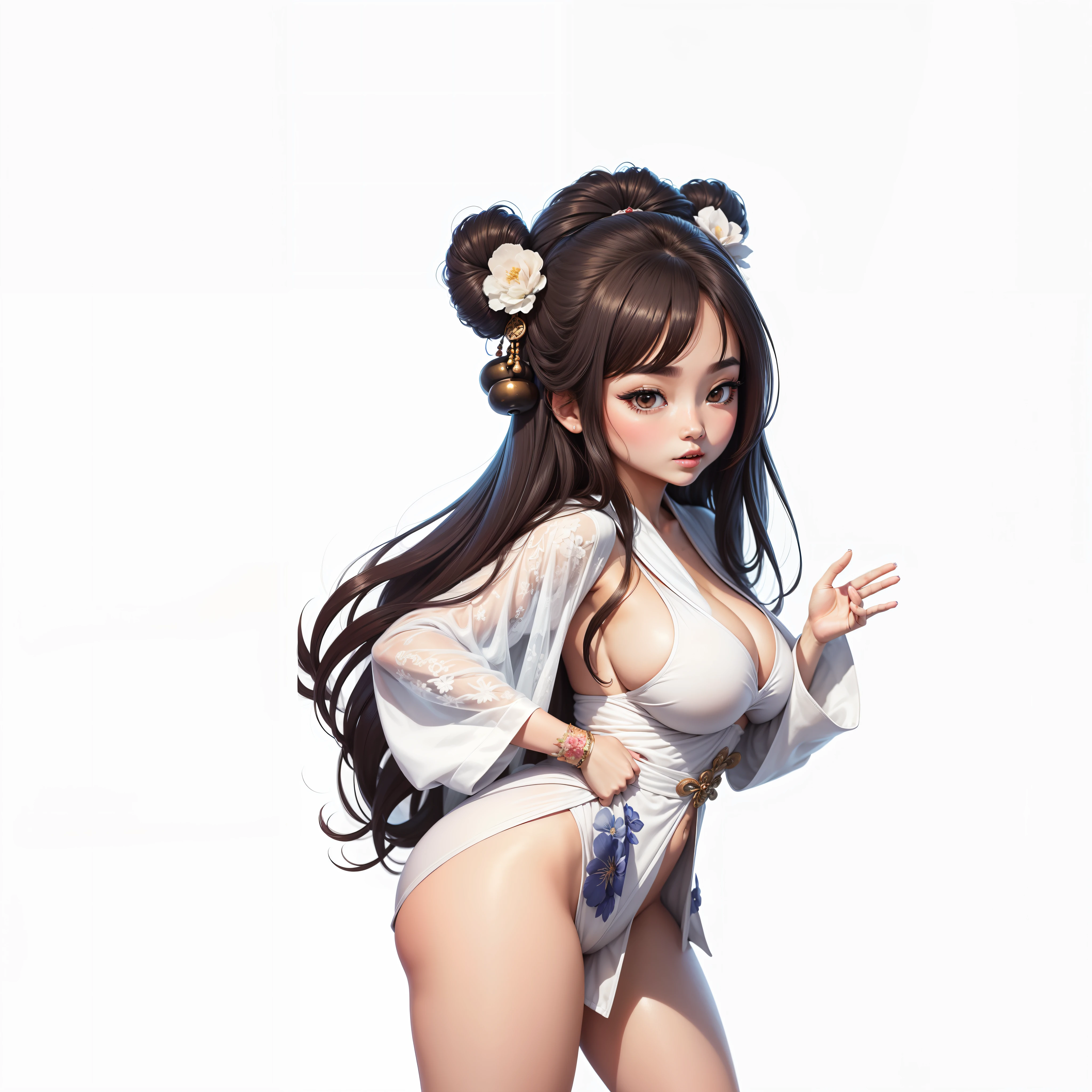 tmasterpiece, Best quality at best, 1girll, 独奏, Han dynasty bathrobes, Large breasts, (white under lingerie, white thighhig:1.2), spread spreading ass, hands on own ass