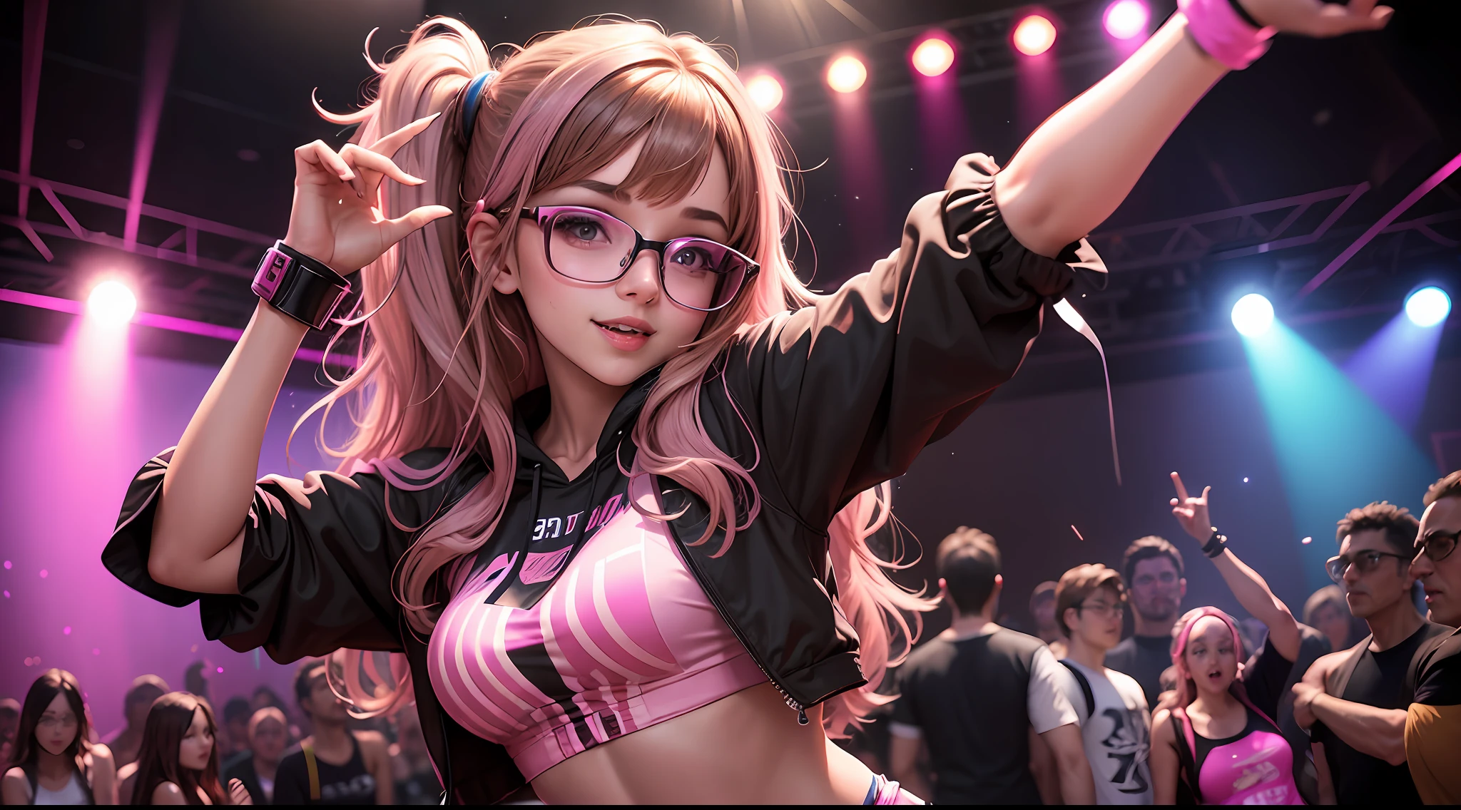 girl with light brown hair with pink streaks and wearing glasses in provocative clothes dances happily in a dance music club, glowing lights and lasers lights, some people dancing in the background --auto