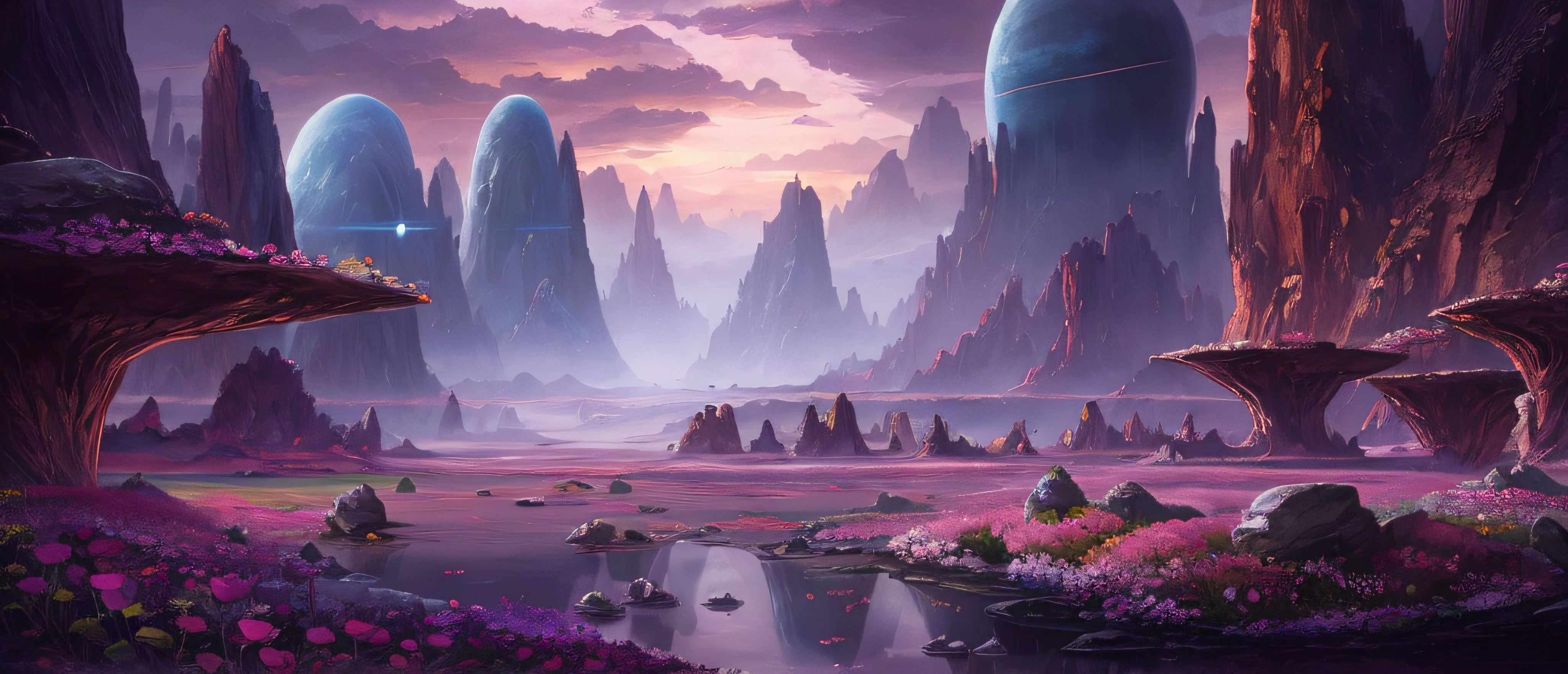 There is a picture of a fantasy landscape with flowers and rocks,Blooming pink roses， Beautiful alien landscape, Alien landscape, stunning alien landscape, amazing alien landscape, surreal alien kingdom, lush alien landscape, alien breathtaking landscape, an alien landscape, epic dreamlike fantasy landscape, Alien landscapes, landscape of an alien world, an alien landscape view, fantasy planet, sci fi alien world