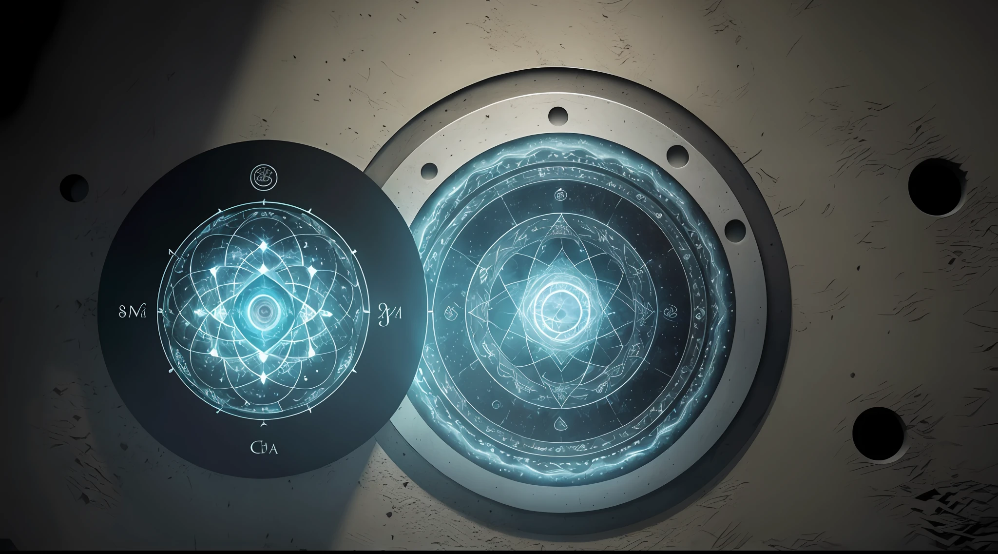 Dimensional portal with a frame where the names of all the signs of the zodiac are included , Magical Circle, summoning circle, Blue magic circle on grey background, sobre fondo blanco, y celeste, Abstract sacred geometry, complicado, with symbols, inscripciones, firmas, Ether elements in formulas, piedra filosofal al centro, piso de caverna, 3 magos, 8K, mejor calidad, obra maestra, ultra-high-resolution, (fotorrealista: 1.4), foto cruda, (authentic skin texture: 1.3), (movie grain: 1.3), hermosos ojos y cara detallados, obra maestra, mejor calidad, primer plano, cuerpo superior, cuarto mago saliendo de puerta dimensional Knollingcase, mago, (((vibrante, fotorrealista, realista, dramatic, foco nítido, 8K))) --auto