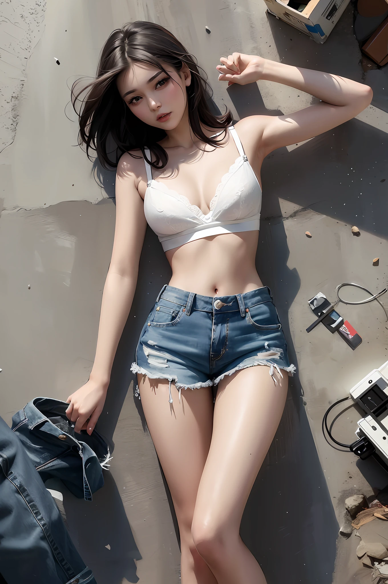 Asian woman wearing white bra top and denim shorts, Bra and shorts streetwear, photo of slim girl model, korean women's fashion model, Gorgeous young Korean woman, photo of slim girl, beautiful Korean women, 2 4 year old female model, sexy girl wearing shorts, Korean girl, Beautiful young Korean woman, with ripped crop t - shirt