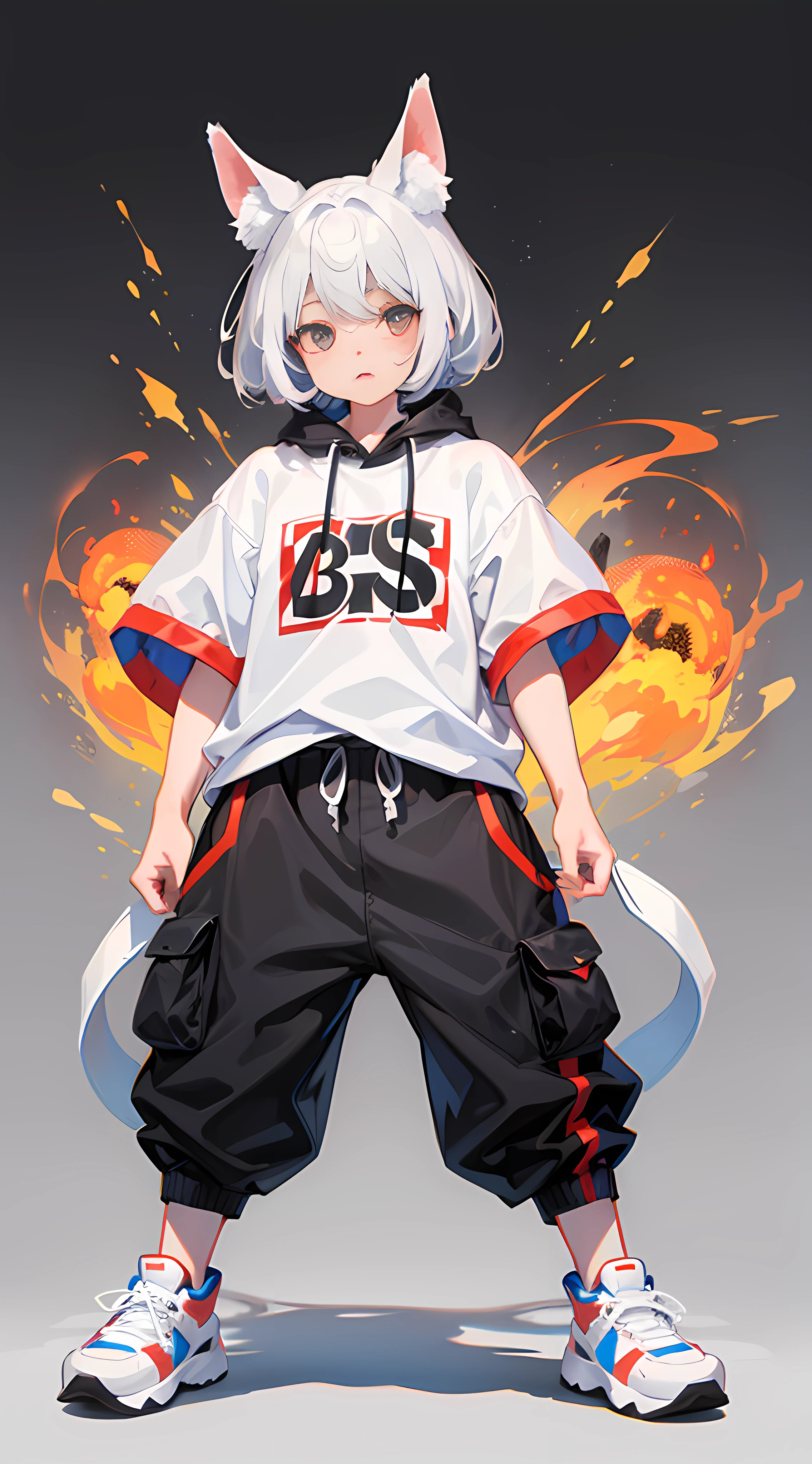 full body Esbian From head to shoes Shota Raise bangs No bangs The right outfit Dobodobo Pants Oversized high-cut sneakers Beastman White ears Hybrid of wolf and man kawaii Deformed White background Stand up straight Highest image quality 8K Straight in front Put your hands down