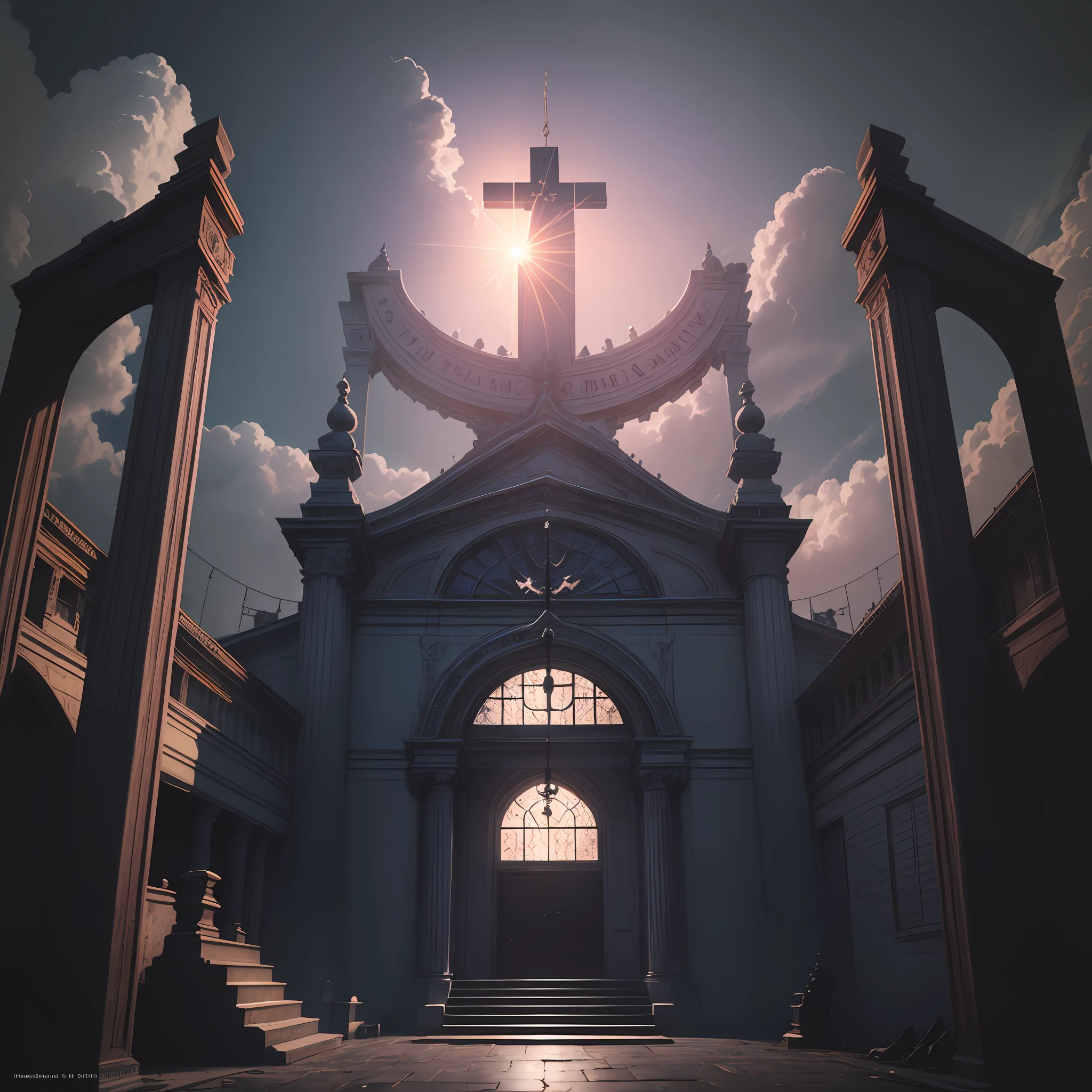 neo-classical, conceptual art, Gothic art, Ray tracing, Sparkle, Ultra-wide angle, kanon, f/4.0, hyper HD, 巨作, Best quality, A high resolution, Award-Awarded, 16k,Alchemy,steampunc,Pause the Bible,the bats,Hang the cross,dreamy sky,Pinkish-purple clouds,