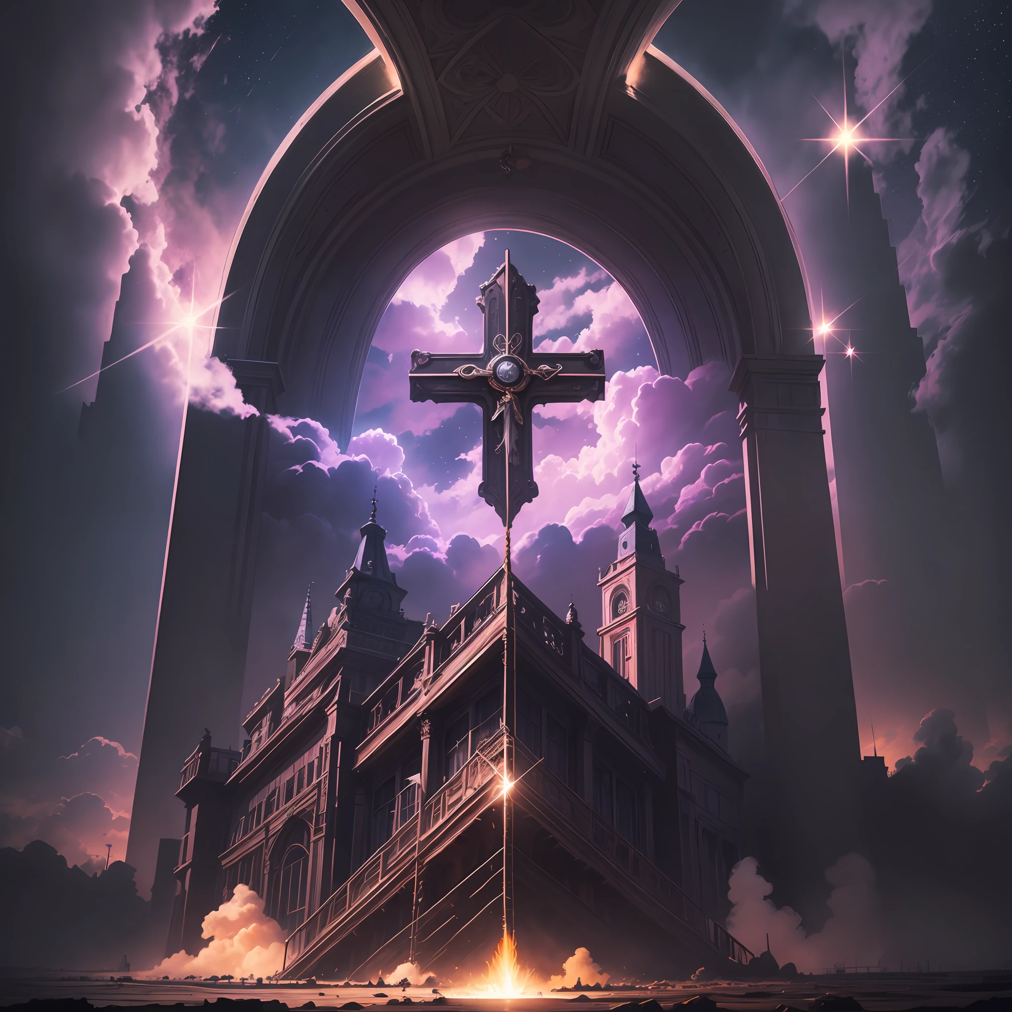 neo-classical, conceptual art, Gothic art, Ray tracing, Sparkle, Ultra-wide angle, kanon, f/4.0, hyper HD, 巨作, Best quality, A high resolution, Award-Awarded, 16k,Alchemy,steampunc,Pause the Bible,the bats,Hang the cross,dreamy sky,Pinkish-purple clouds,
