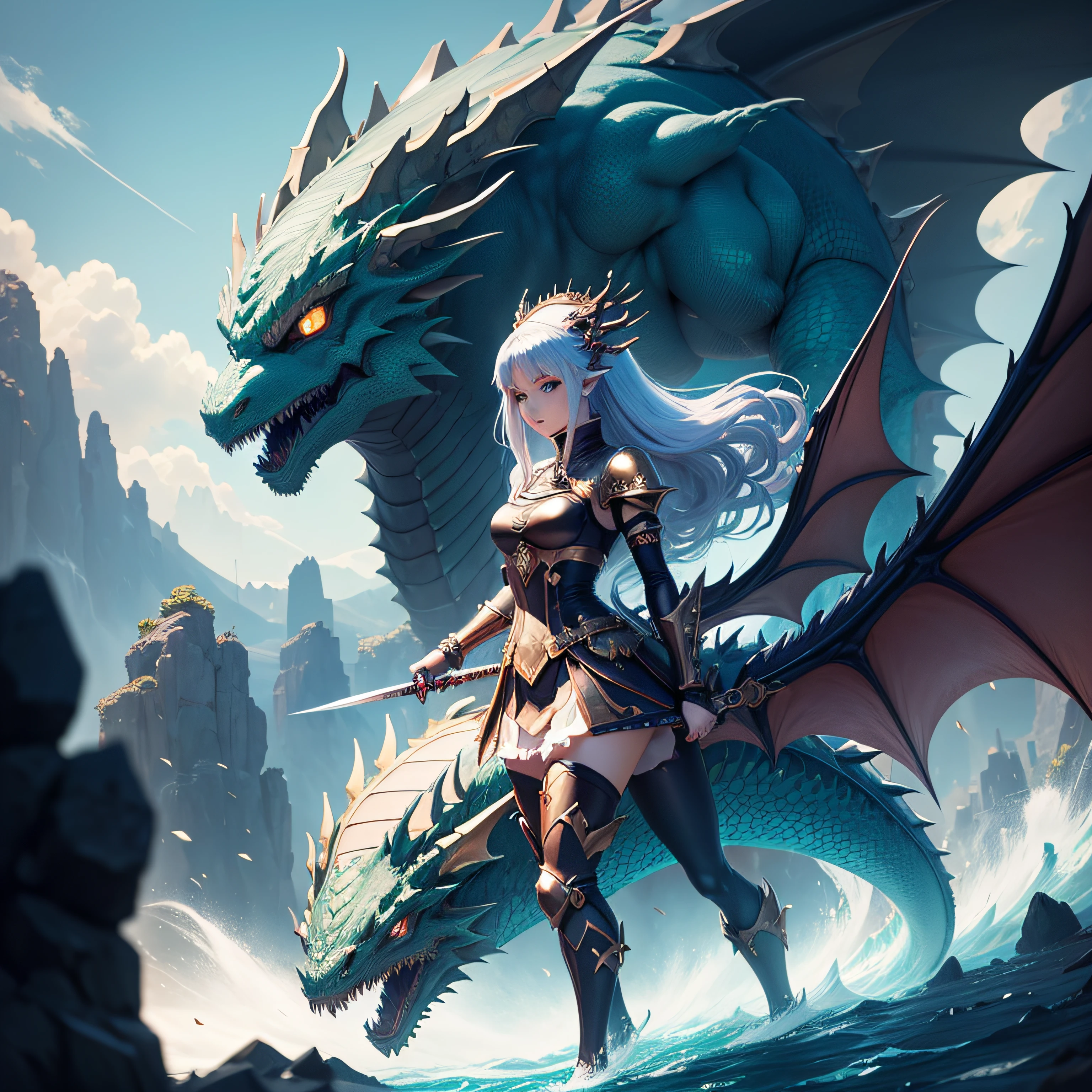Anime girl with sword in hand, dragon girl, Queen of Dragons, anime fantasy illustration, anime em estilo fantasia, , colossal dragon in background, Epic anime style, and dragon in the background, arte chave detalhada anime, monstro anime, as an anthropomorphic dragon, divindade de cabelos loiros --auto