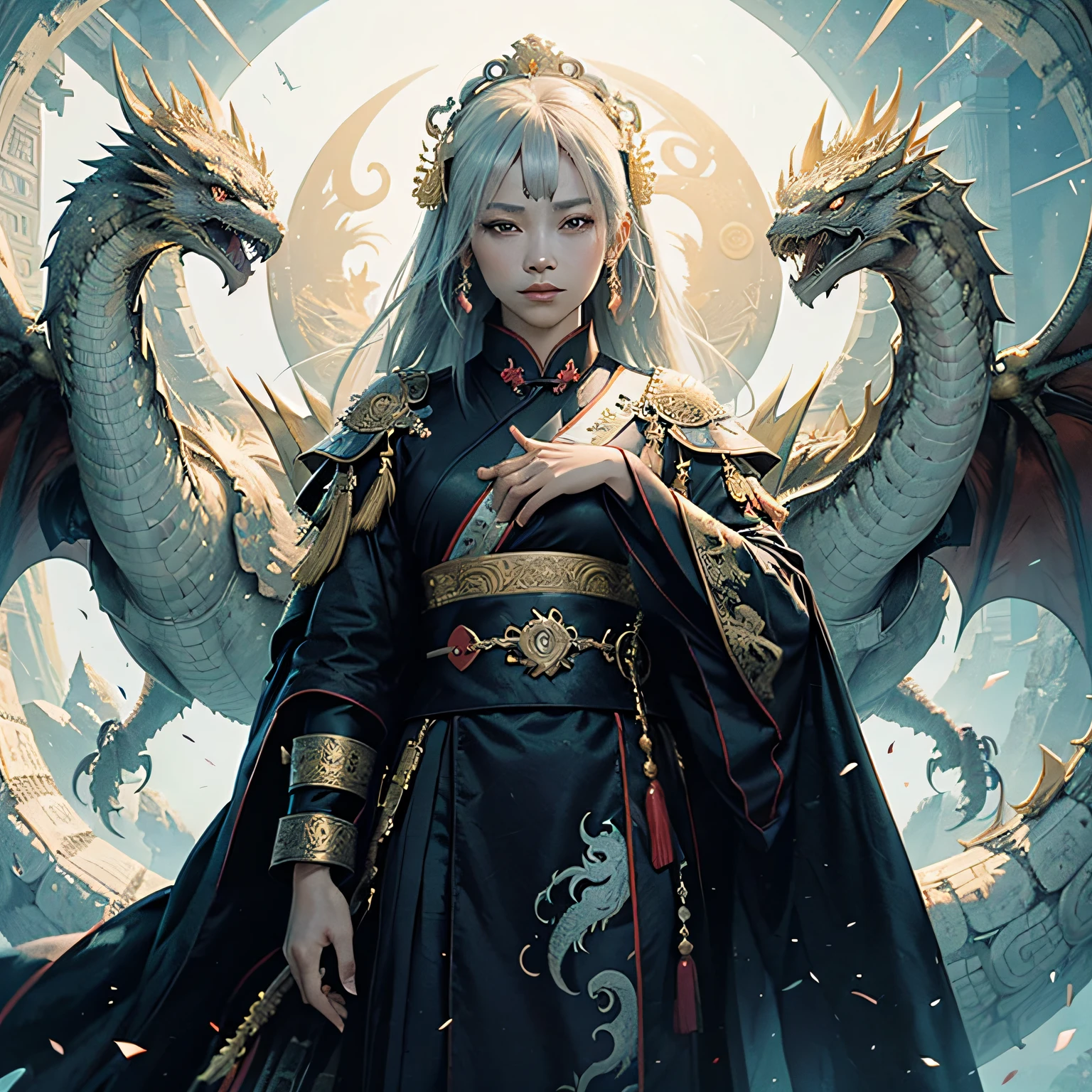 A female emperor, ancient Chinese imperial robe, majestic domineering, dragon flying phoenix dance, sunshine, clear face, clean white background, masterpiece, super detail, epic composition, ultra hd, high quality, extremely detailed, official art, uniform 8k wallpaper, super detail, 32k -- v 6 --auto