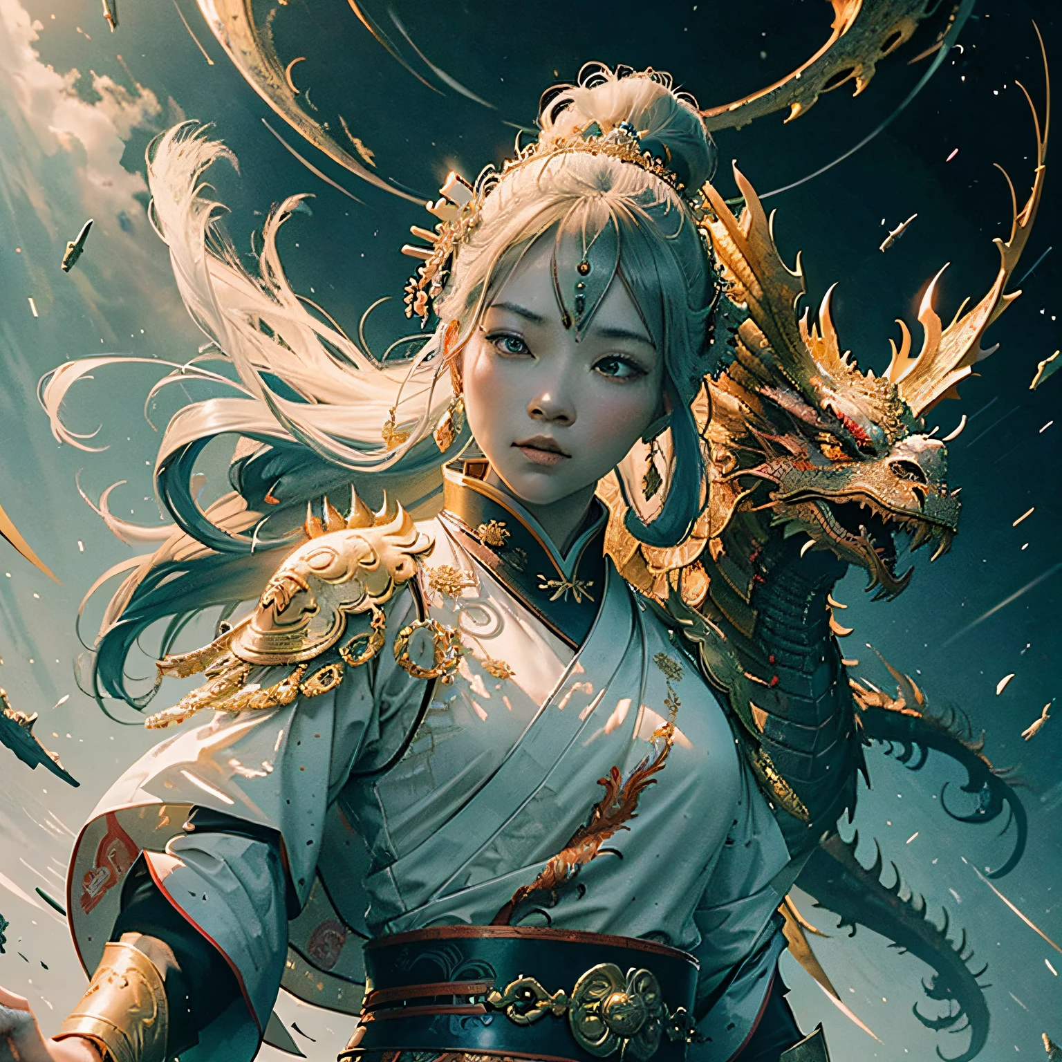 A female emperor, ancient Chinese imperial robe, majestic domineering, dragon flying phoenix dance, sunshine, clear face, clean white background, masterpiece, super detail, epic composition, ultra hd, high quality, extremely detailed, official art, uniform 8k wallpaper, super detail, 32k -- v 6 --auto