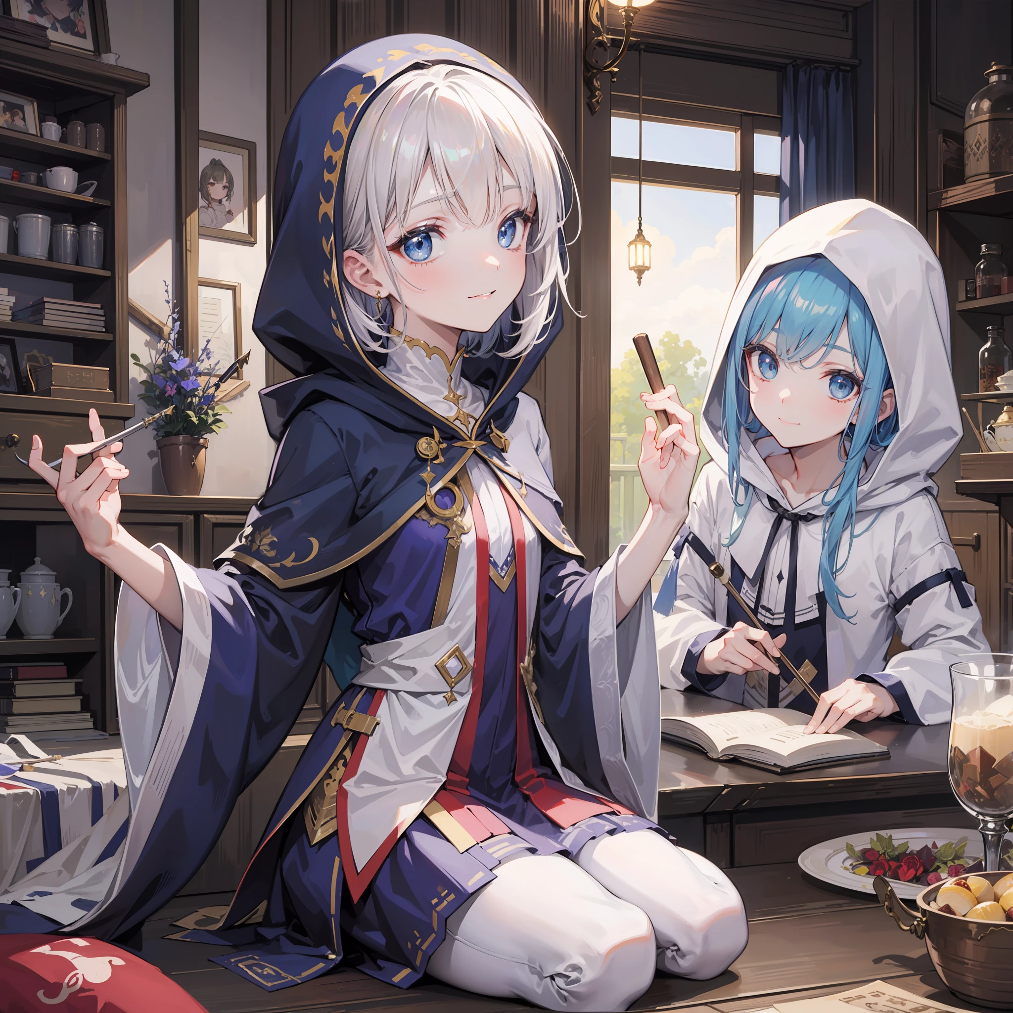 masterpiece, top-quality, One young wizard、cute little、magic wands、Magic broom、medicinal herbs、Magic House、Magic Kitchen、detailed and beautiful faces、beautidful eyes、seducting smile、majutsu、magical fantasy、in isekai、cloaks、Hooded、FULL BODYSHOT、Dynamic angles、Magic costume、