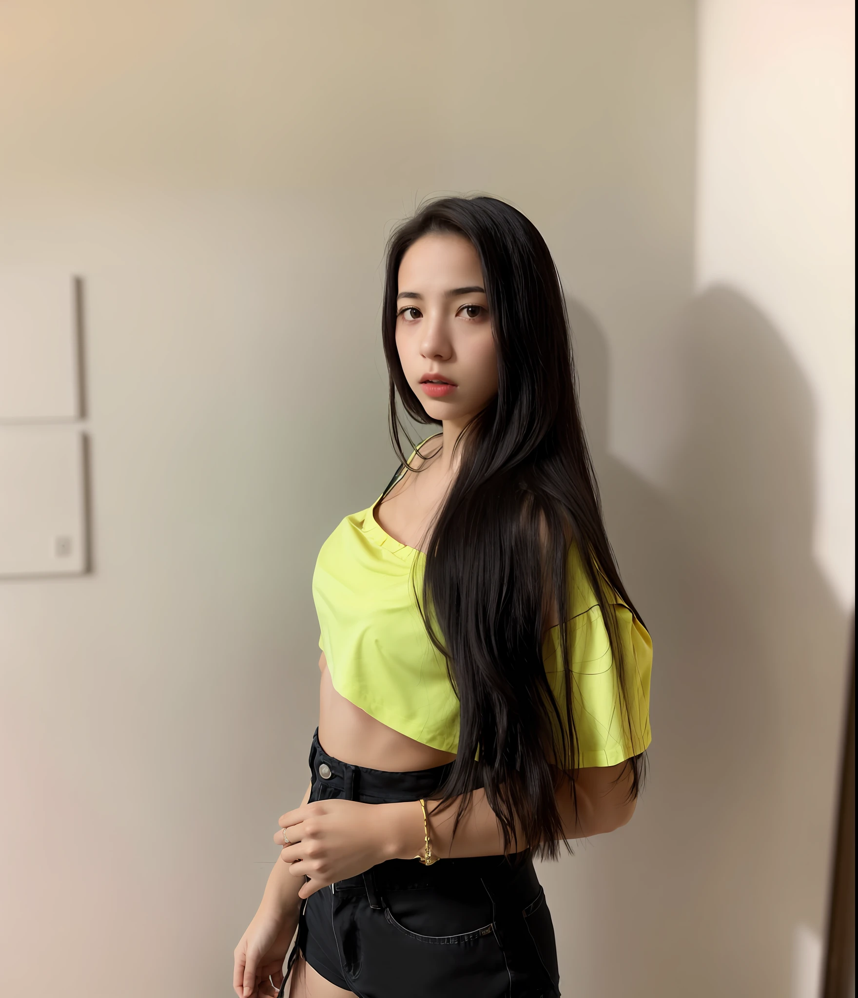 um close up de uma mulher com um top amarelo e shorts pretos, 18 anos, Violeta Myers, 1 6 anos, imagem de perfil, female with long black hair, 2 Modelo feminina de 4 anos, vestindo croptop amarelo, Alanis Guillen, 21 anos, ela tem cerca de 2 0 anos, ela tem cerca de 20 anos