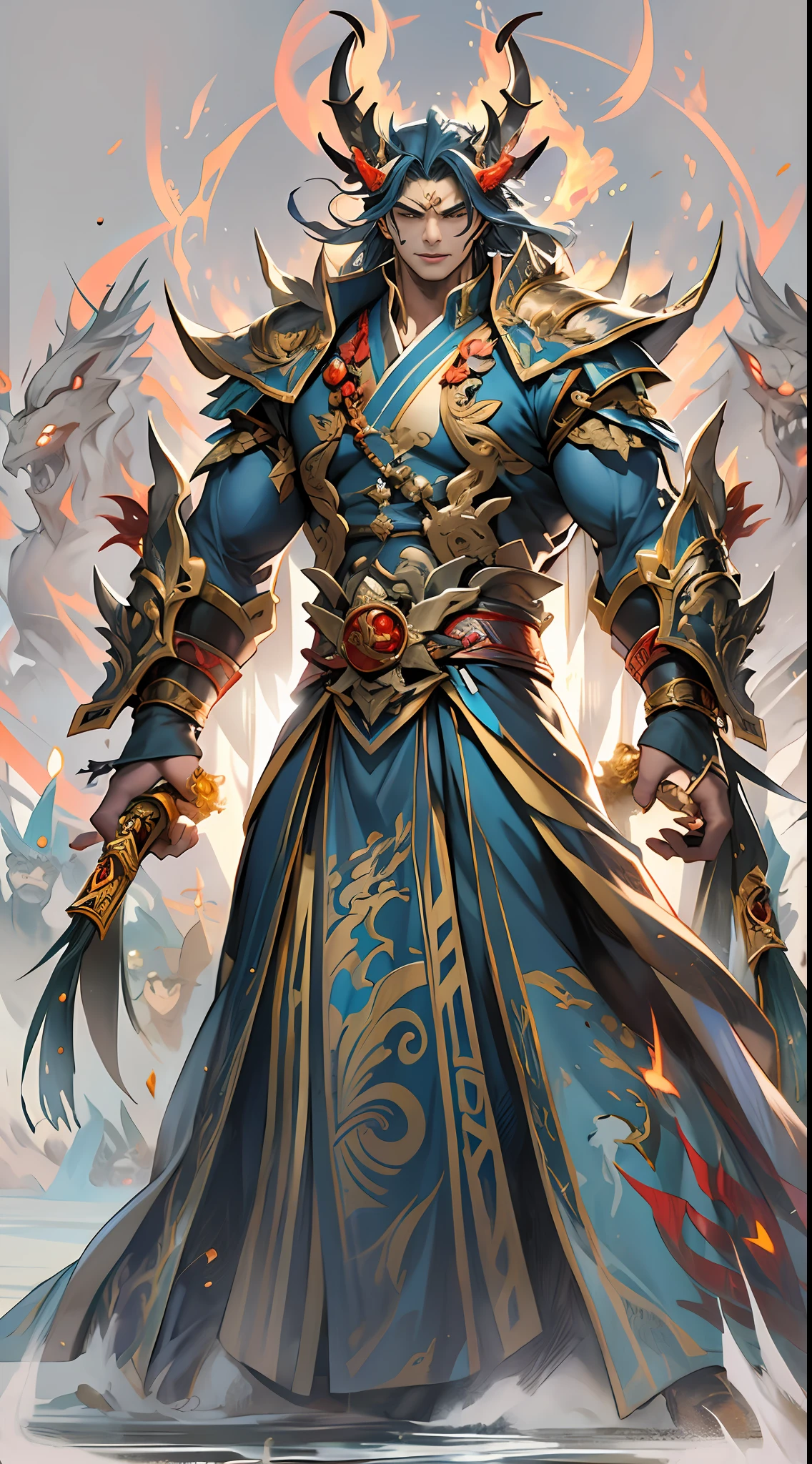 Li Gu exudes an aura of victory, having successfully defeated the invaders. However, there is still a significant gap in strength between them and Li Gu, and the Divine Beast Alliance and the Demon God Alliance have no intention of letting them go, , 32k, best quality, masterpiece, super detail, high details,