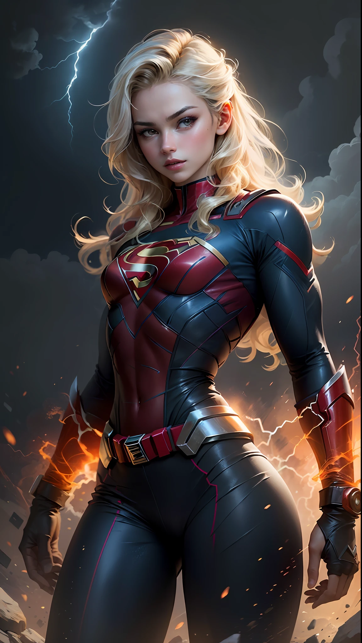 "((best quality,best ilumination)), Cute sexy model with long hair and athletic body, vestindo COSPLAY DE SUPERGIRL, seios acentuados e destacados, dynamic pose, fundo colorido, high saturation, luzes vibrantes." Around lightning and thunder.