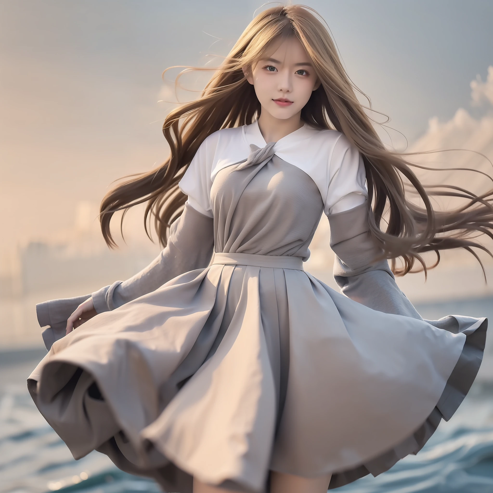 "(Best picture quality、A masterpice), white backgrounid, Ultra-thin paper，Sparkling, Beautiful and tasteful, The wind blew for a long time, curly blond hair, Vivid and stunning，Scottish pleated skirt，Greater wind，The wind blows hair，Floating hair，Static clothes，Short sleeved bodice。"