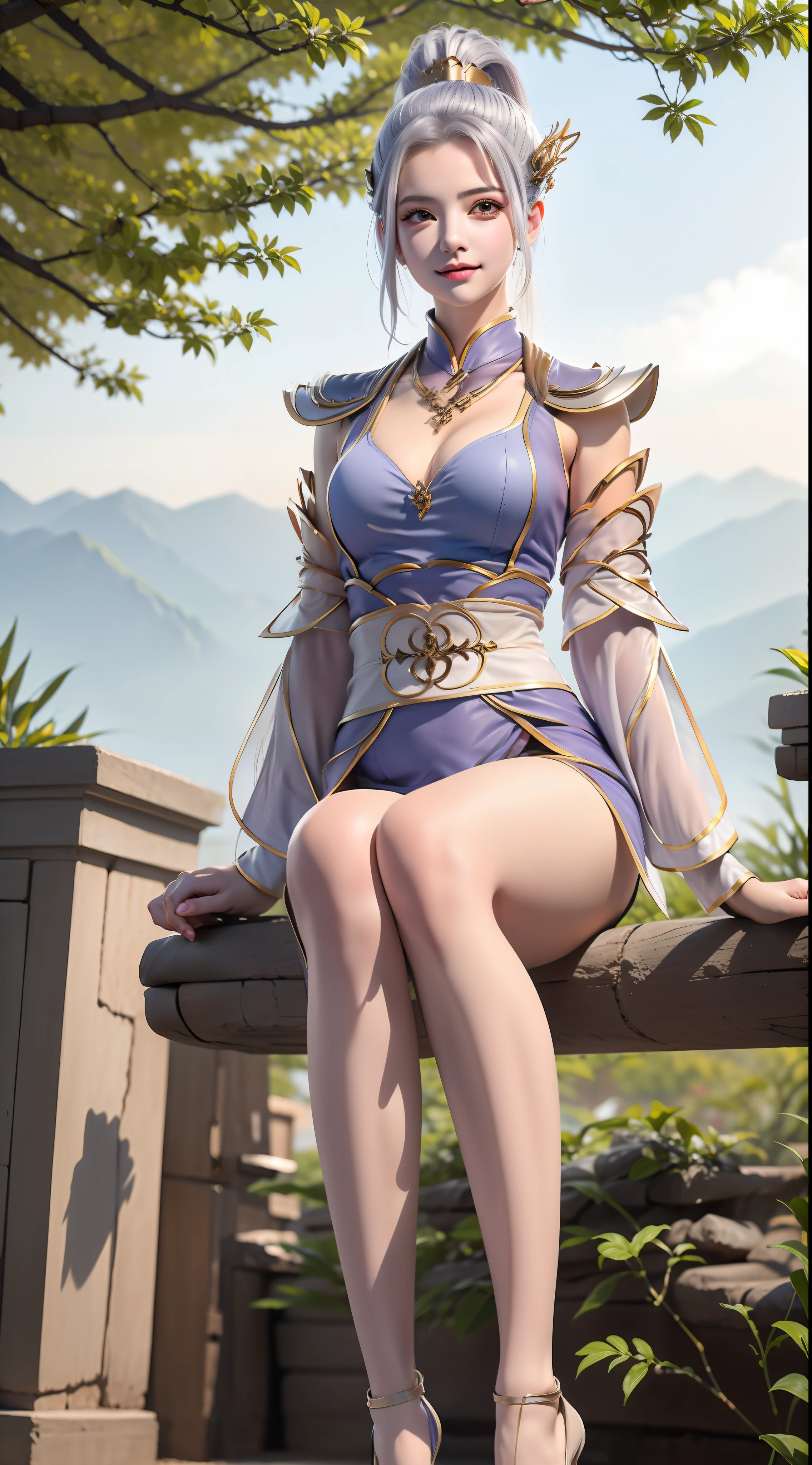 tmasterpiece,best qualityer,1girll,独奏,(buliding:1.3),(sitting under a tree:1.3),(Falling petals:1.2),(Hanfu:1.3),Han Yue,eventide