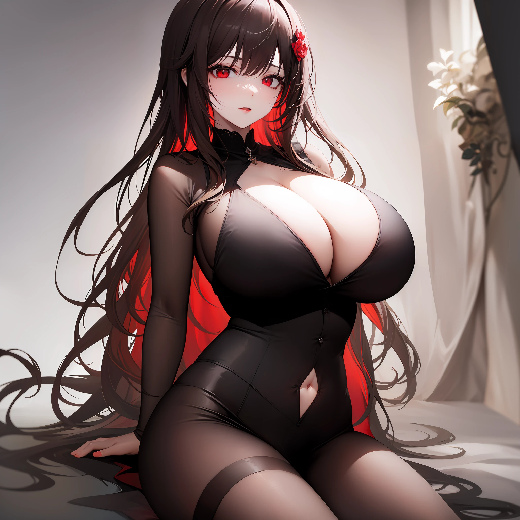 masterpiece, best quality, finely detailed, 1girl, solo, brown hair, bangs, long hair, hair down, pale ivory skin, cute, red eyes, eyelashes, (huge breasts), (cleavage), (black sheer shirt:1.2), (red highlights in hair), black outfit, sexy, seductive, ((large breasts:1)), vampire, gothic, fantasy, ((full body)), dark, eerie, evil