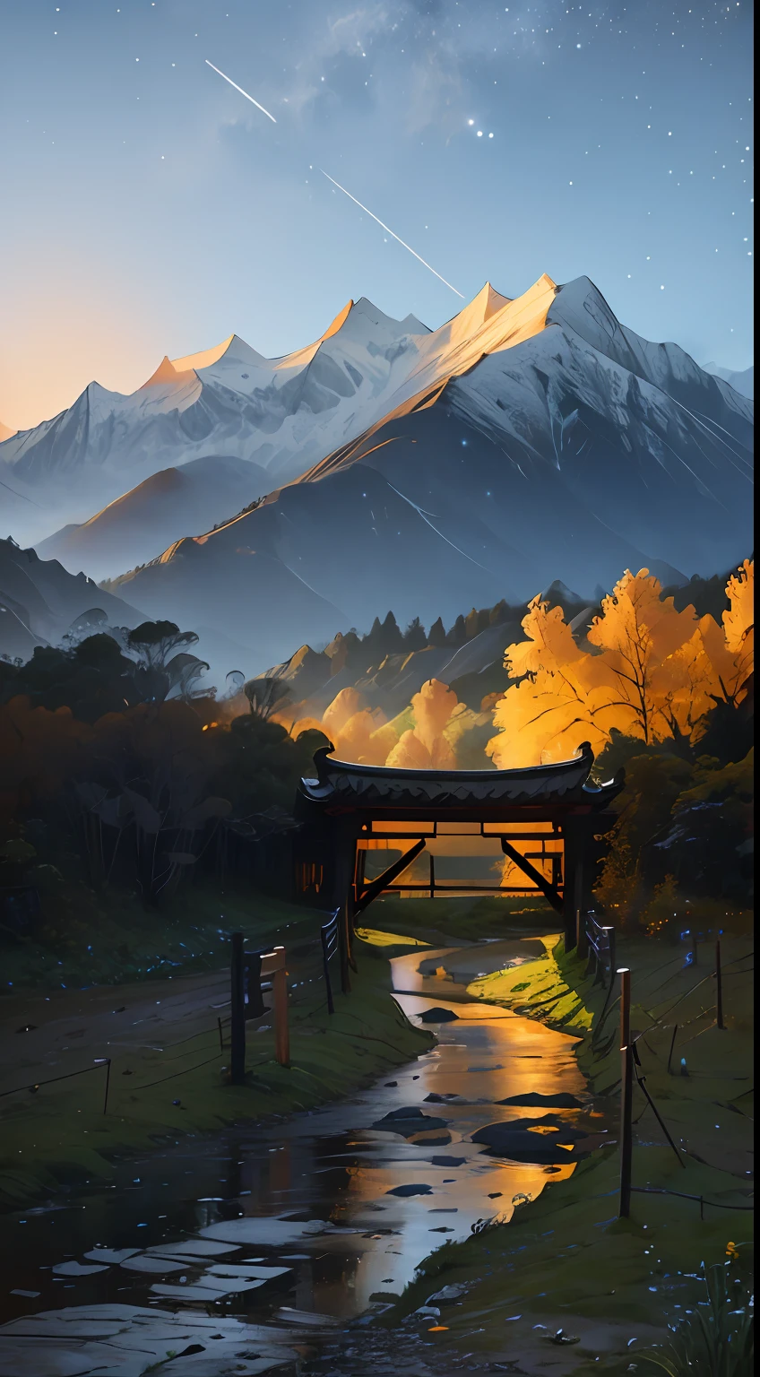 Night view of rural China，small bridges，rivulets，starrysky，copse，mountain peaks --auto