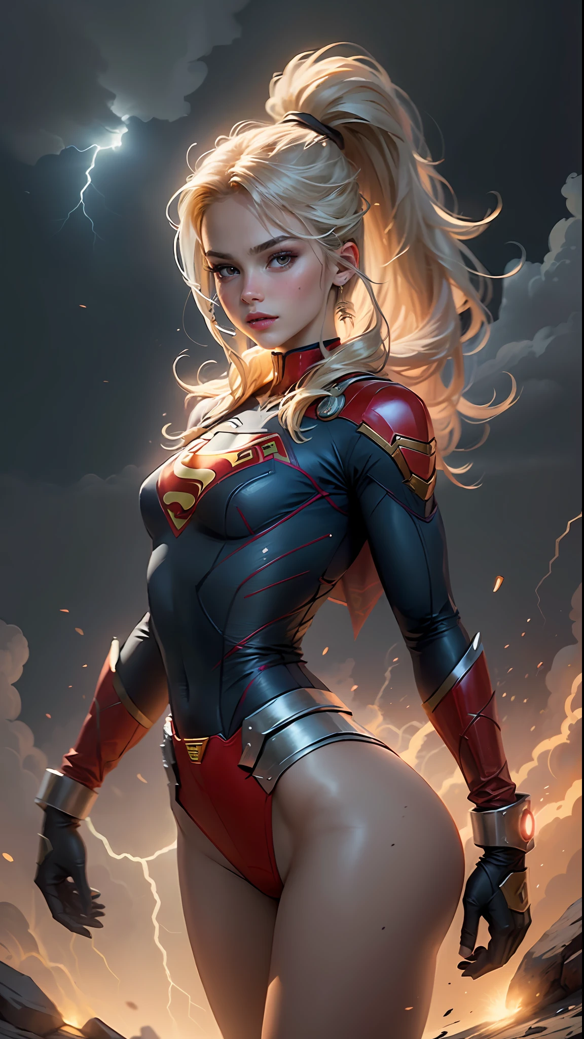 "((best quality,best ilumination)), Cute sexy model with long hair and athletic body, vestindo COSPLAY DE SUPERGIRL, seios acentuados e destacados, dynamic pose, fundo colorido, high saturation, luzes vibrantes." Around lightning and thunder.