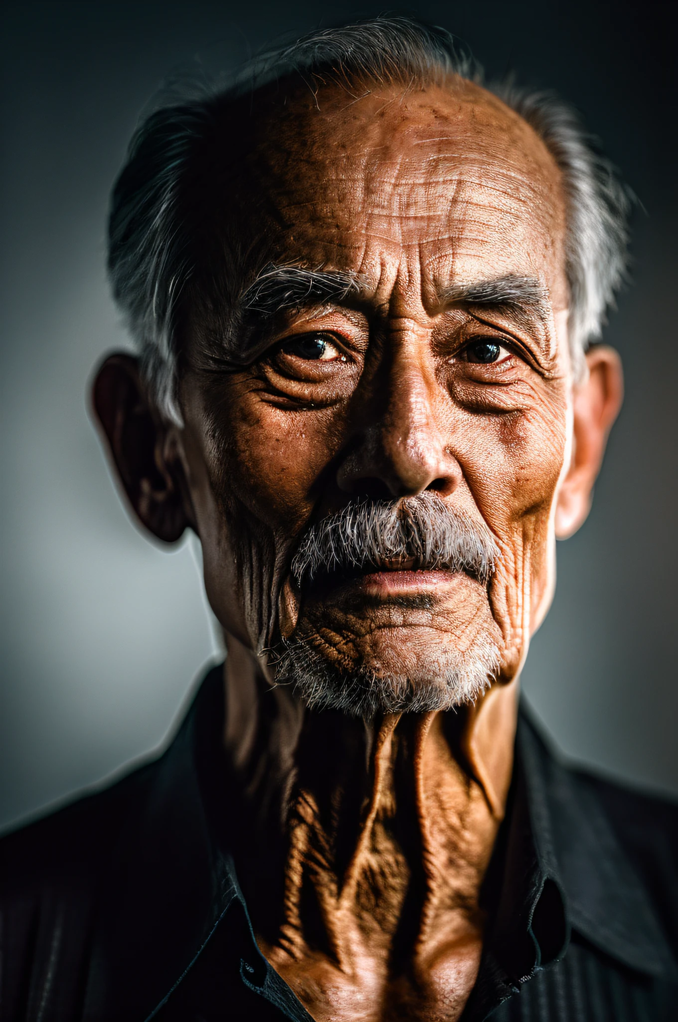 A masterpiece portrait of something lurking in the shadows, Chiaroscuro portrait, matte painting portrait shot, Dark portrait,  Stand in the middle of a black background,a old man，Chinese old man，Vicissitudes Elegant body structure, twotonelighting, octane, unreal, to8contrast style